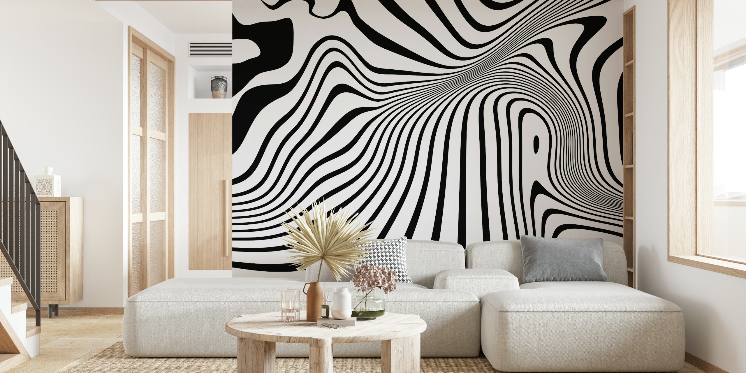 Mural de pared en blanco y negro con arte lineal abstracto y formas orgánicas y fluidas que crean una textura visual dinámica