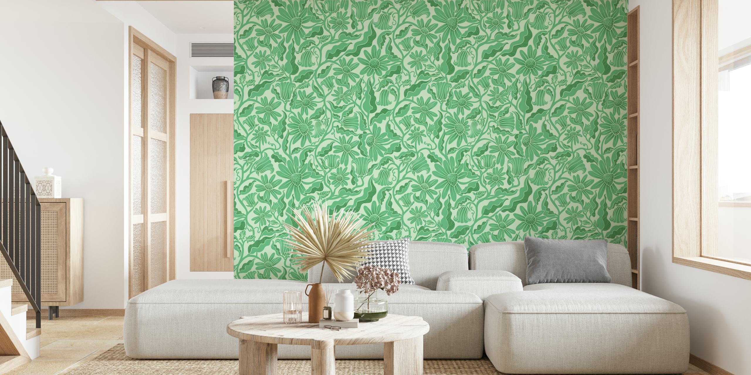 Monochrome Florals Green papel pintado en una habitación