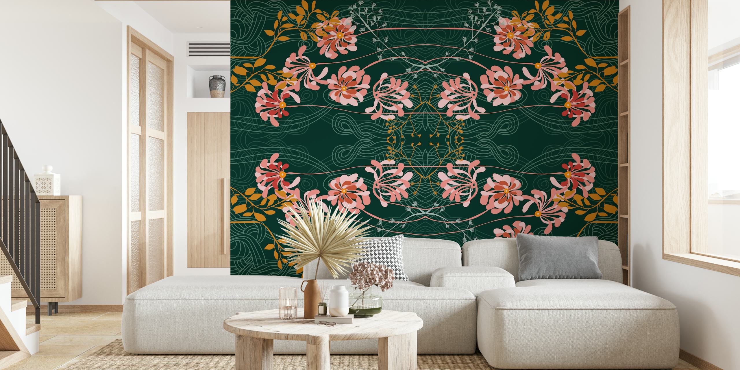 Emerald background with pink floral patterns and decorative swirls wallpaper