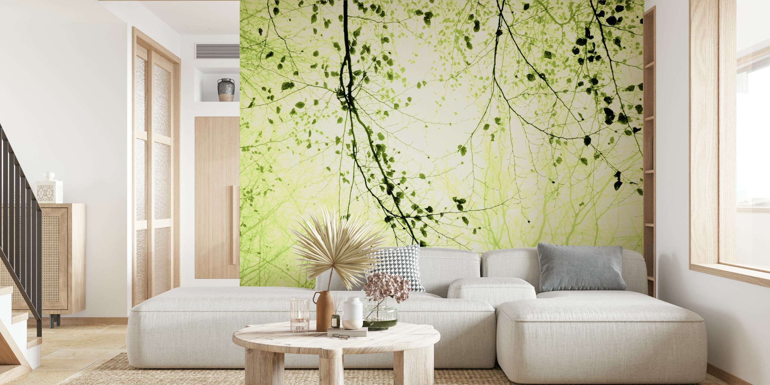 Lime green leaves and branches design wallpaper