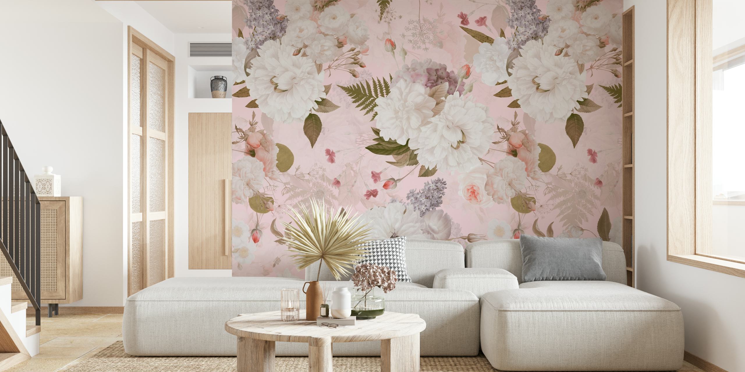 Carta da parati da giardino Blush Vintage Peony con fiori rosa tenui e accenti dorati