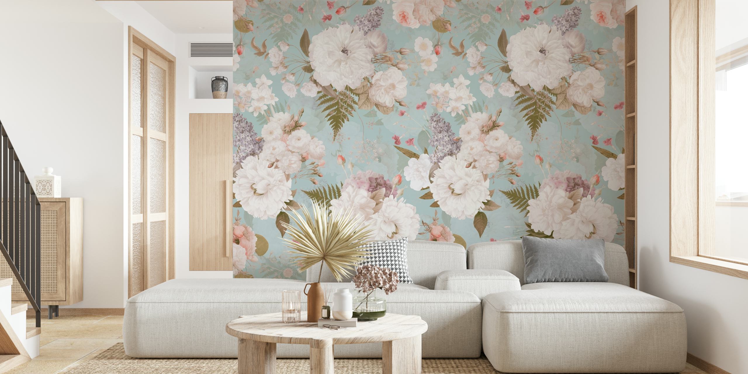 Τοιχογραφία τοίχου Blue Vintage Peony Garden με πλούσια λουλούδια σε ένα γαλήνιο σκηνικό