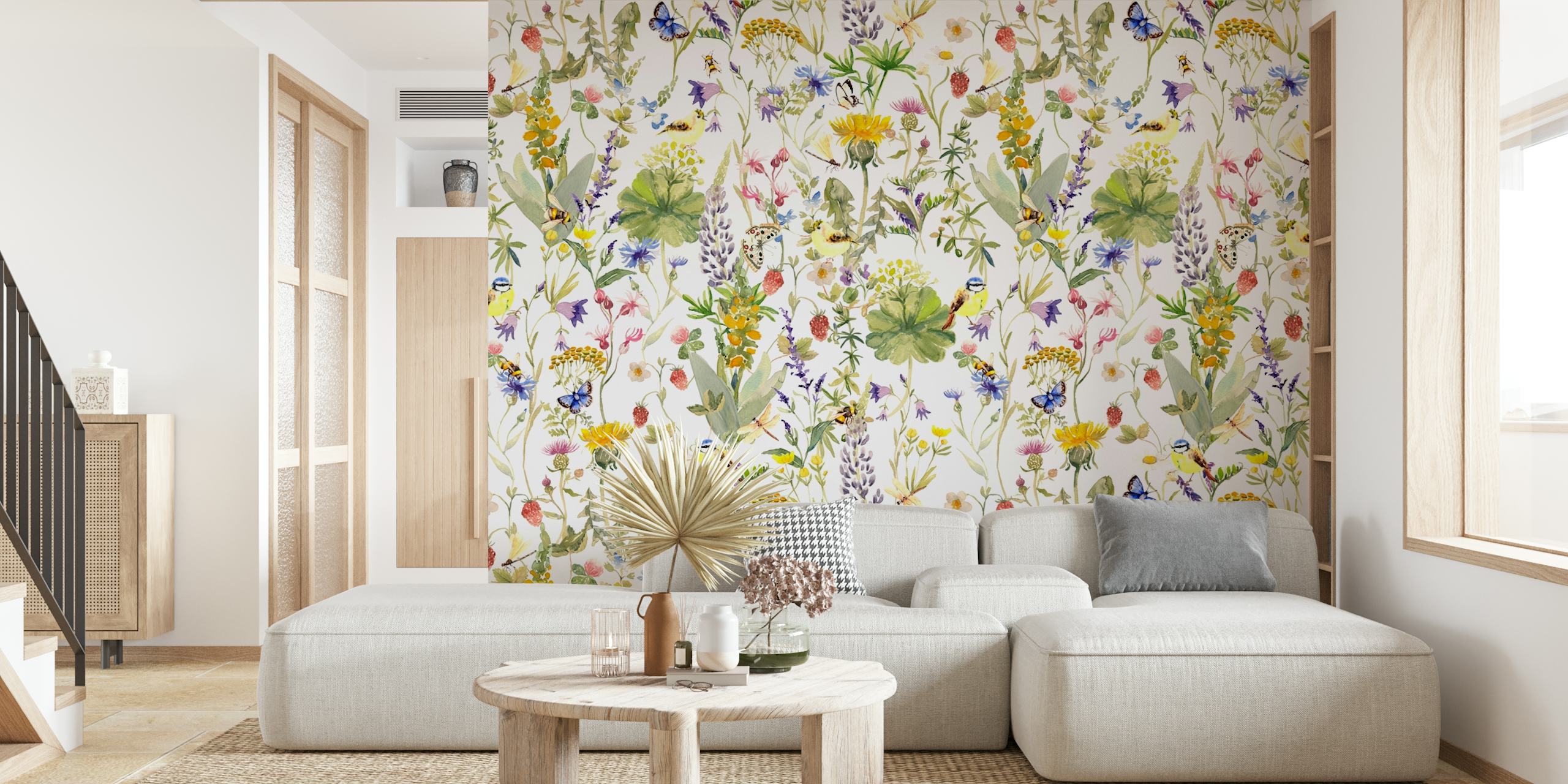 Design de papier peint floral avec des papillons et des fleurs sauvages