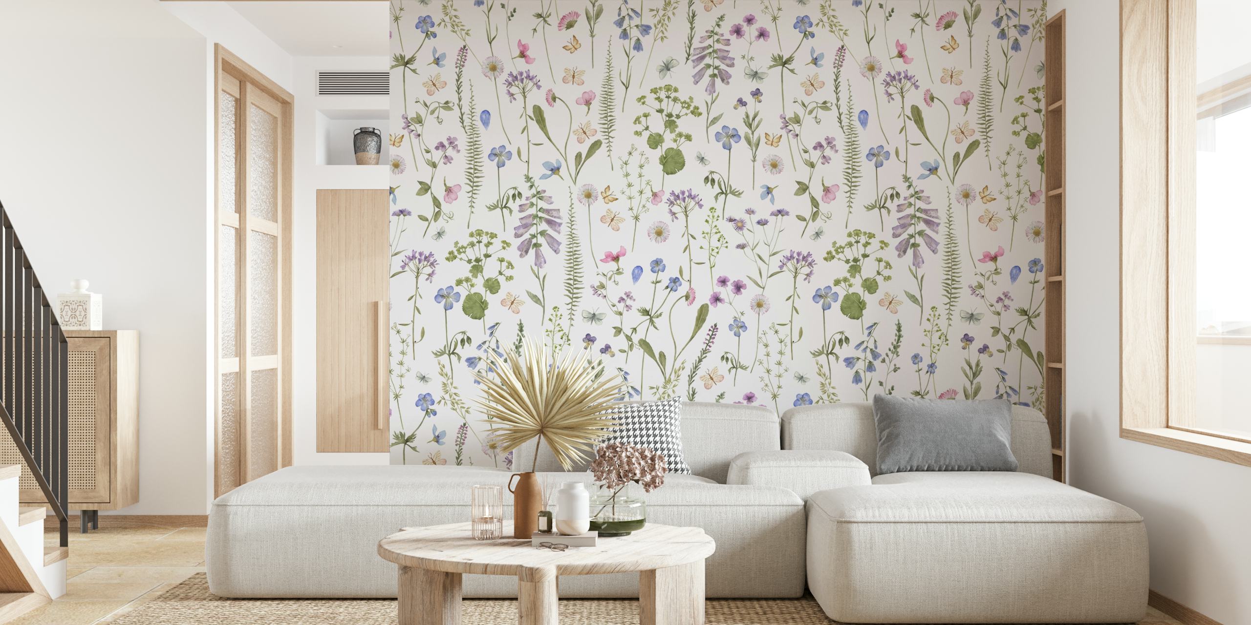 Various colorful wildflowers and green leaves on a white background wallpaper