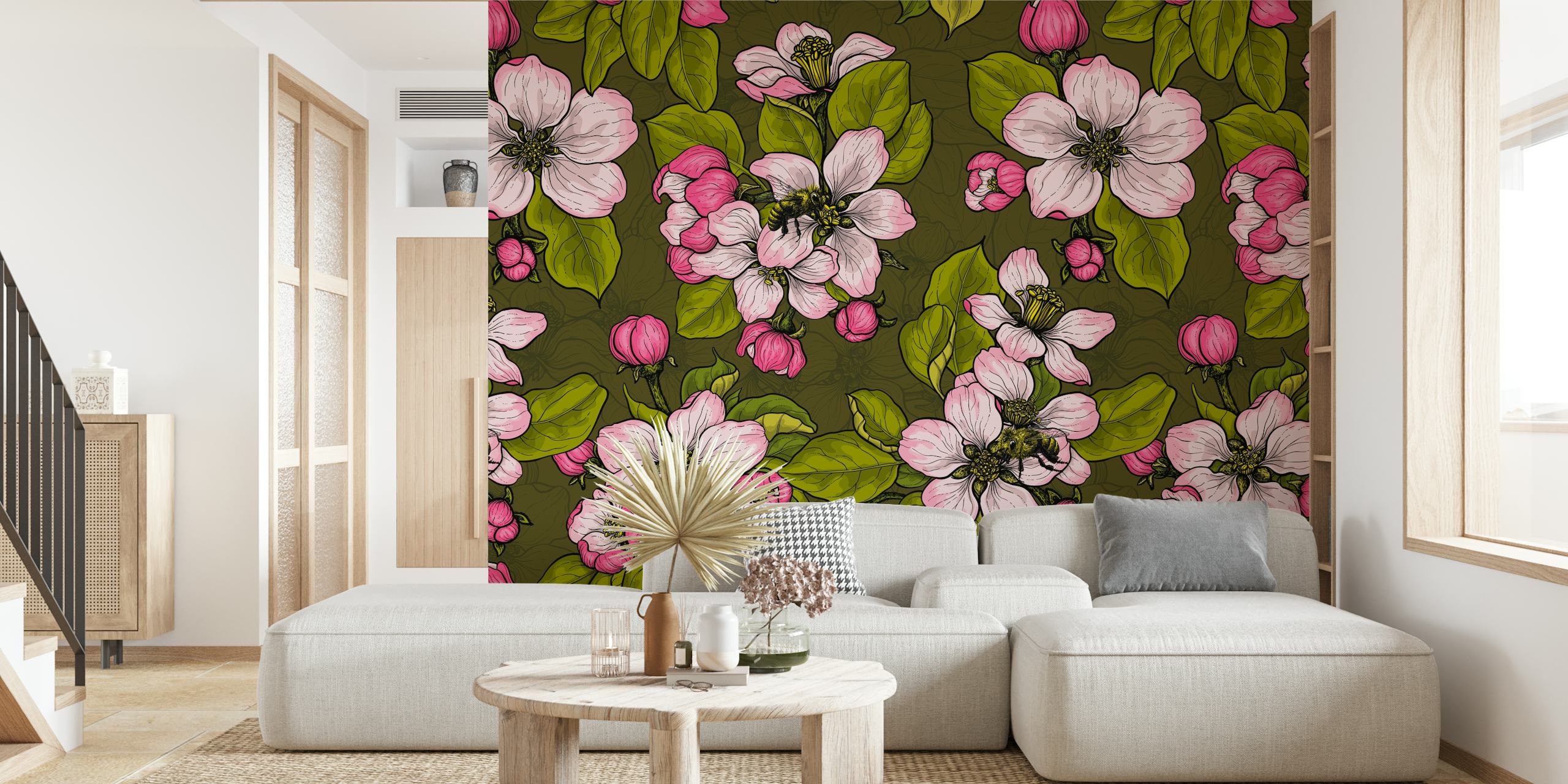 Pink floral design featuring blossoms and leaves on dark background wallpaper