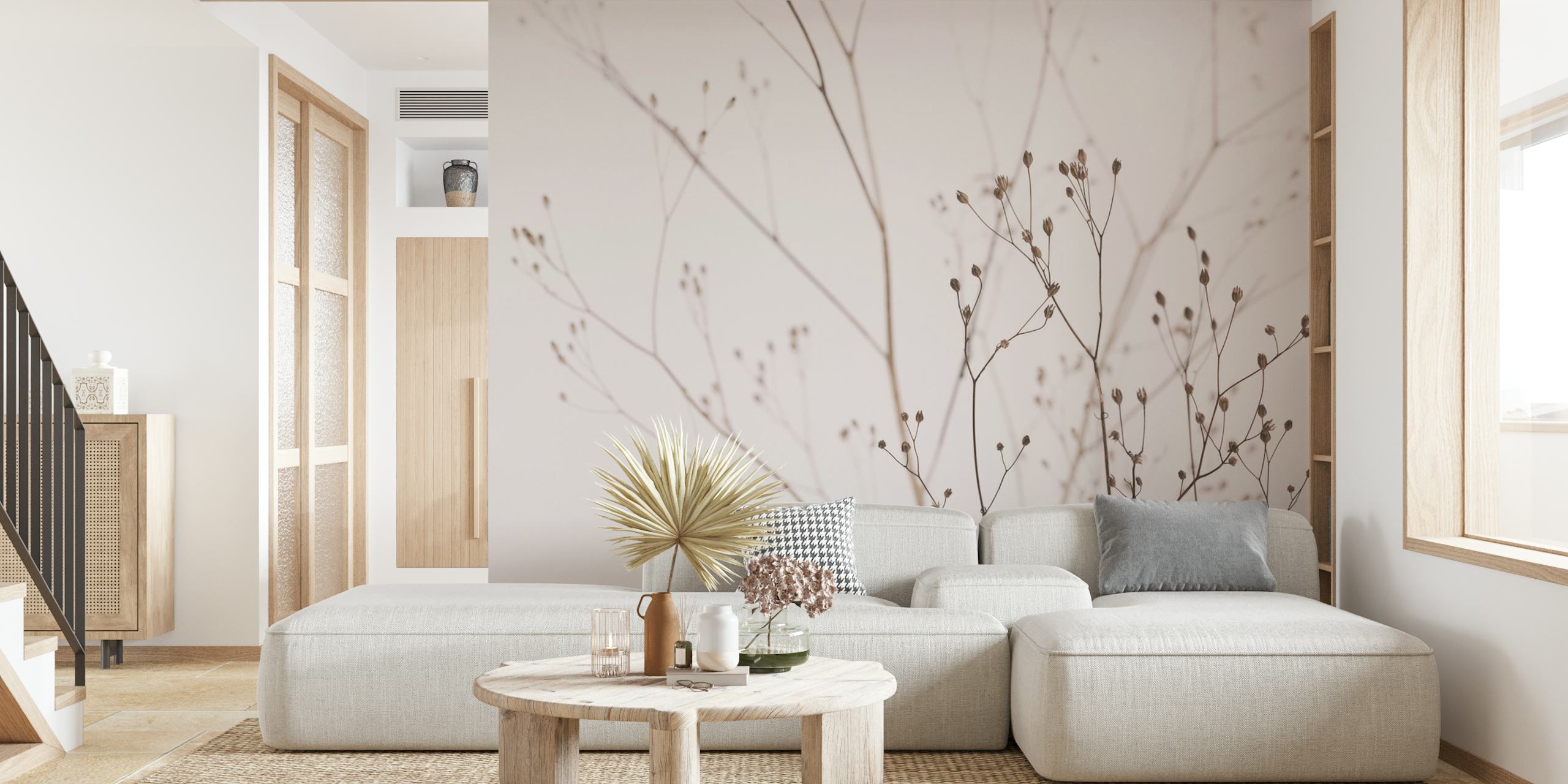 Delicate beige wildflower branches against a soft white background wallpaper