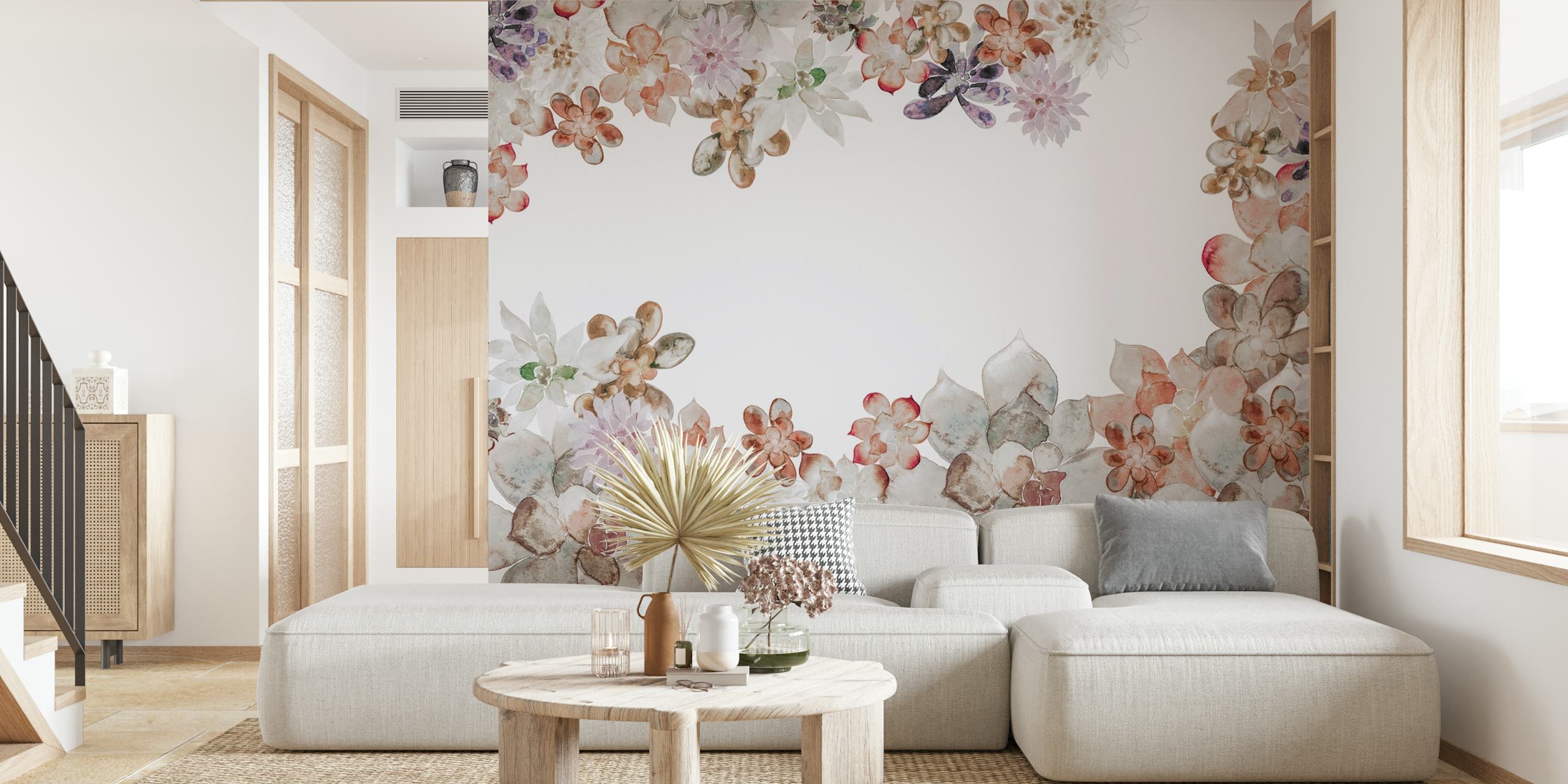 Watercolor succulent garden mural with a floral border on a white background