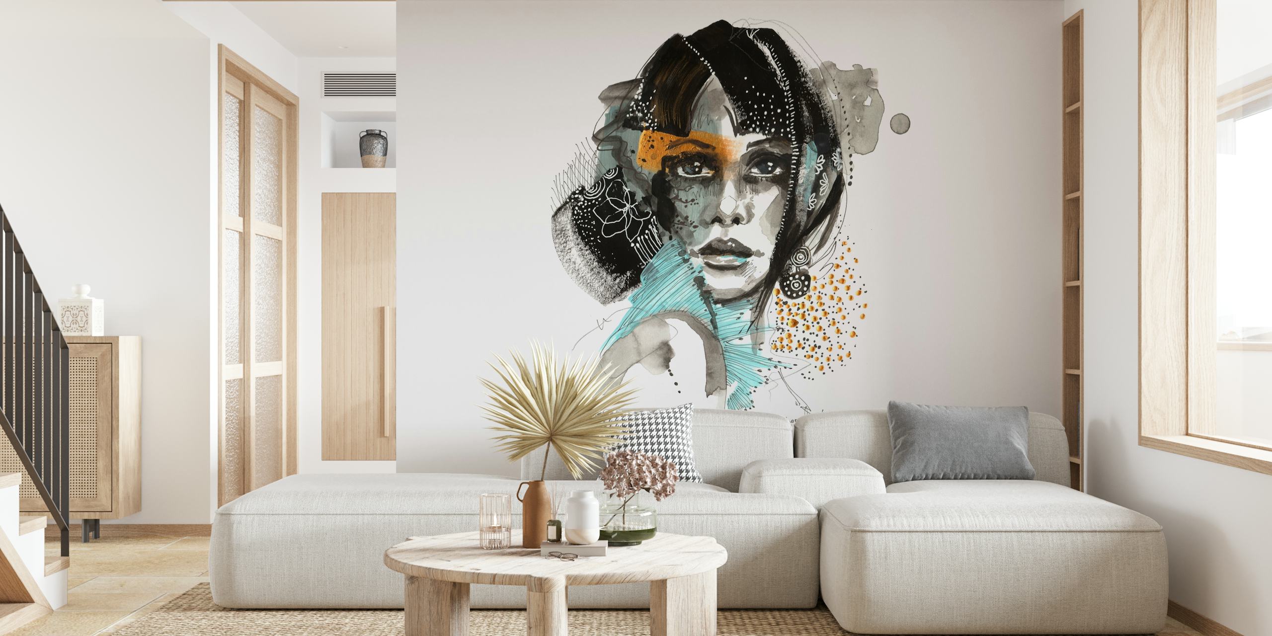 Boho girl portrait in black and white with gold accents wallpaper