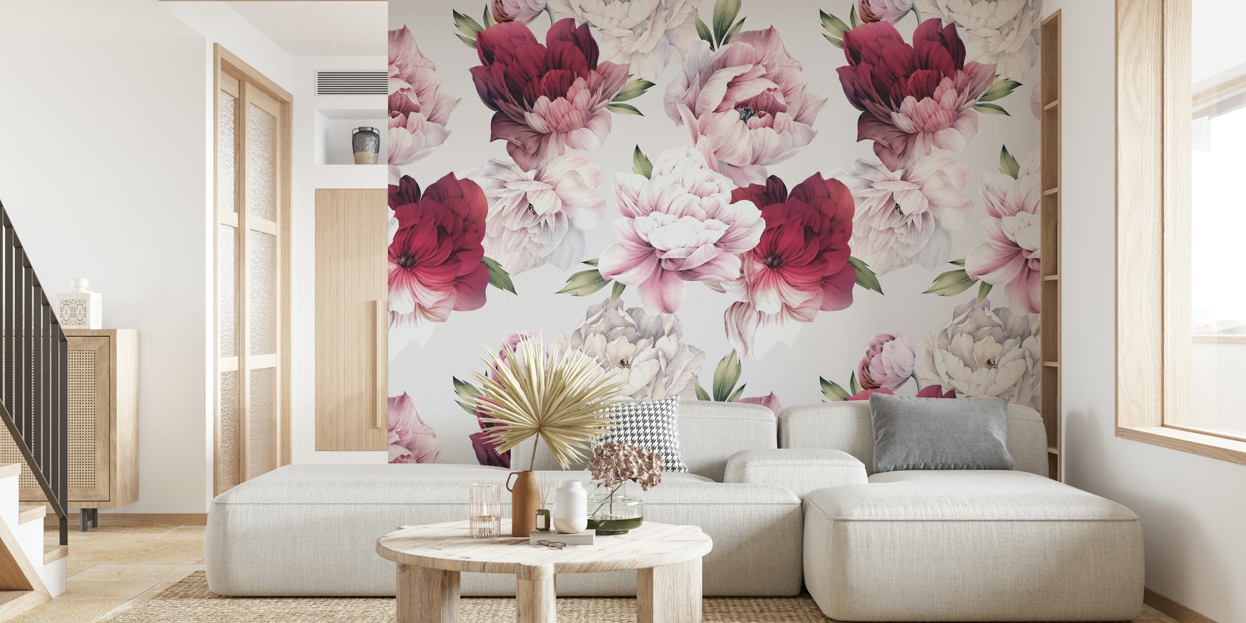 Beautiful peony flowers in pink, white, and burgundy tones wallpaper