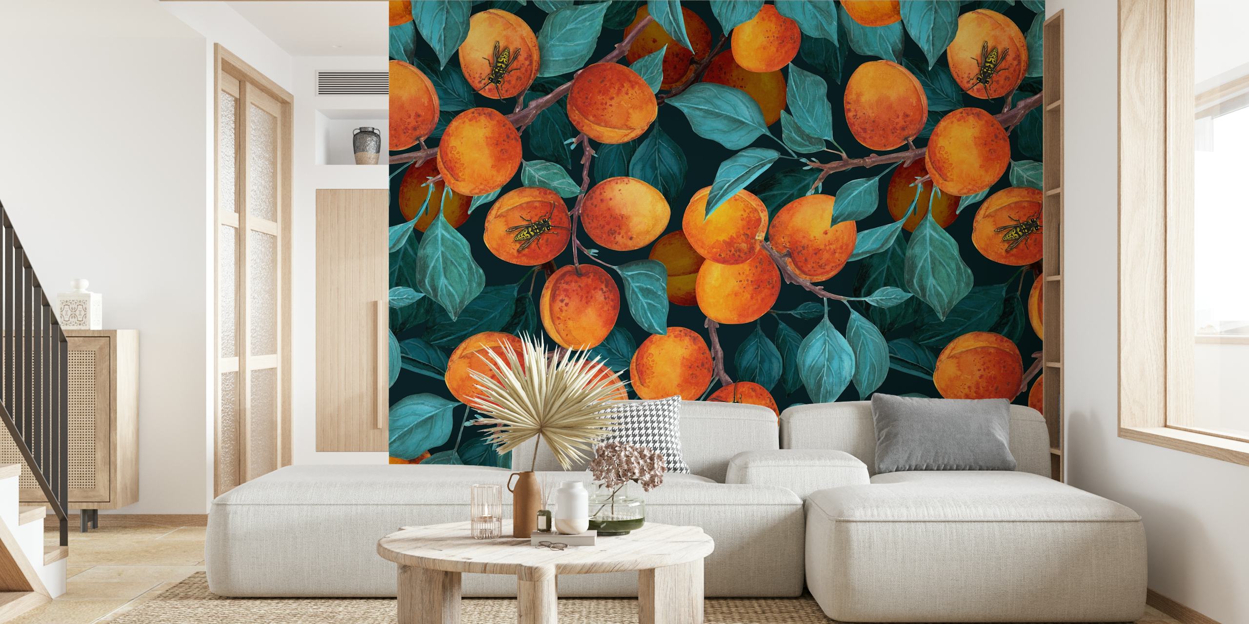 Dojrzałe morele na gałęziach z bujnymi zielonymi liśćmi fototapeta