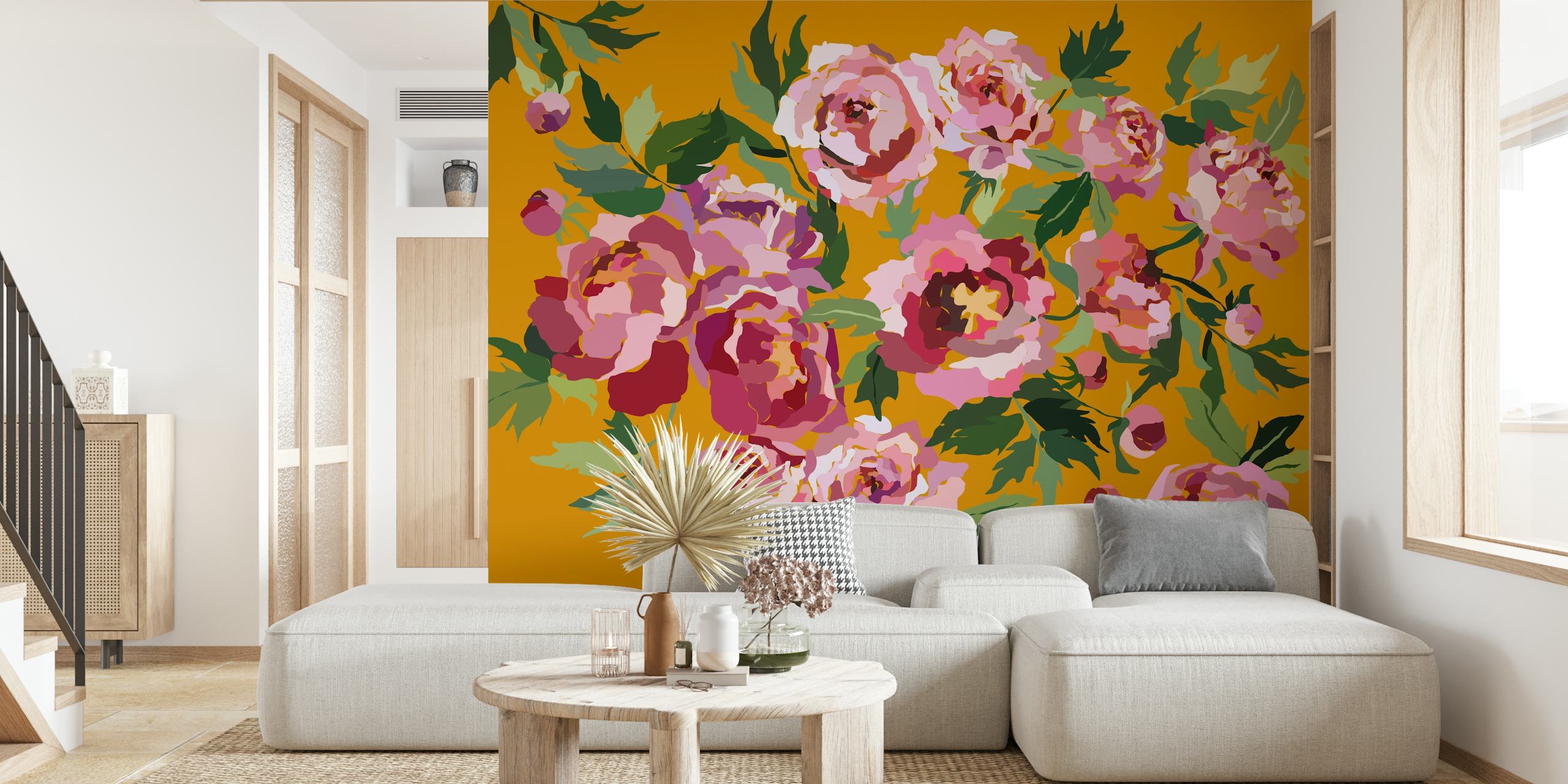 Peony mustard yellow cvjetni dizajn tapeta