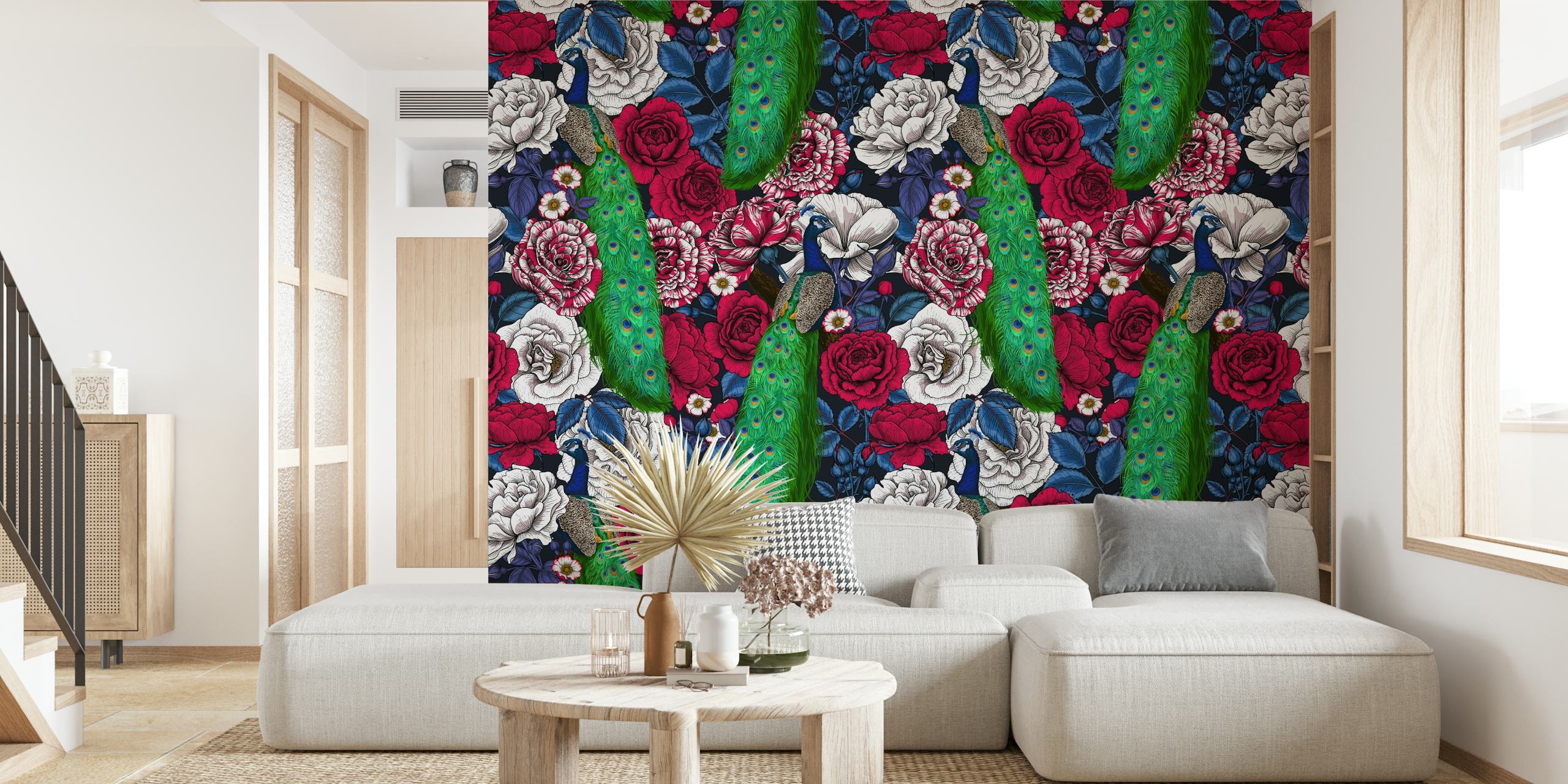 Floral patterns with peacocks featuring deep reds and greens wallpaper