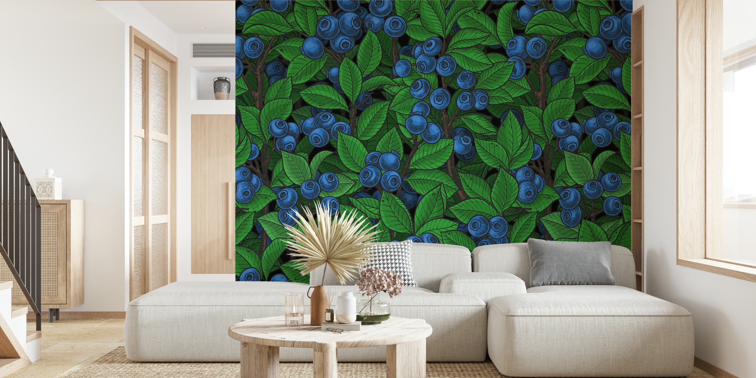 Blueberry garden floral design with green leaves and blue berries wallpaper