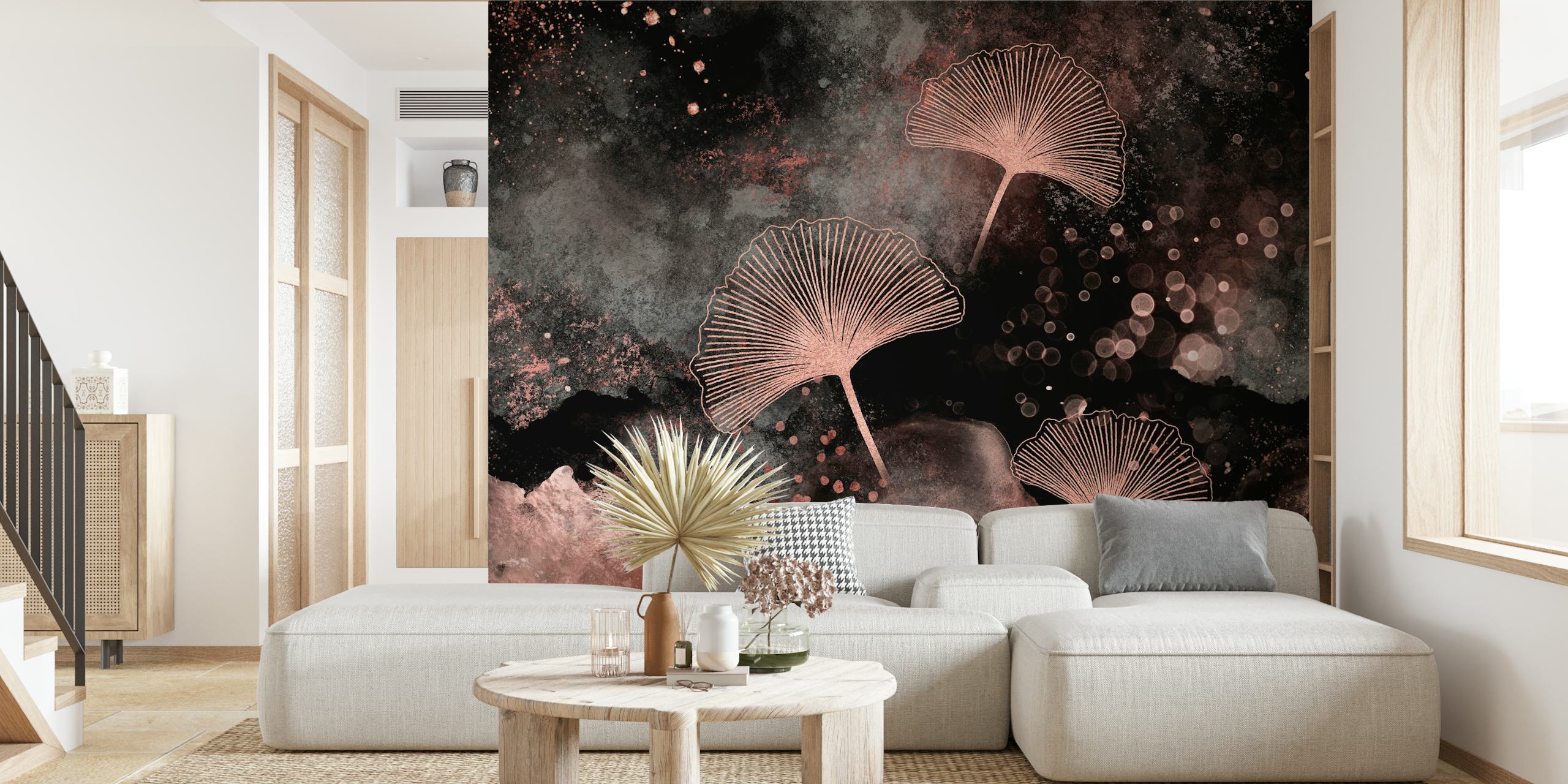 Ginkgo leaves with rose gold outlines on a dark abstract background wallpaper