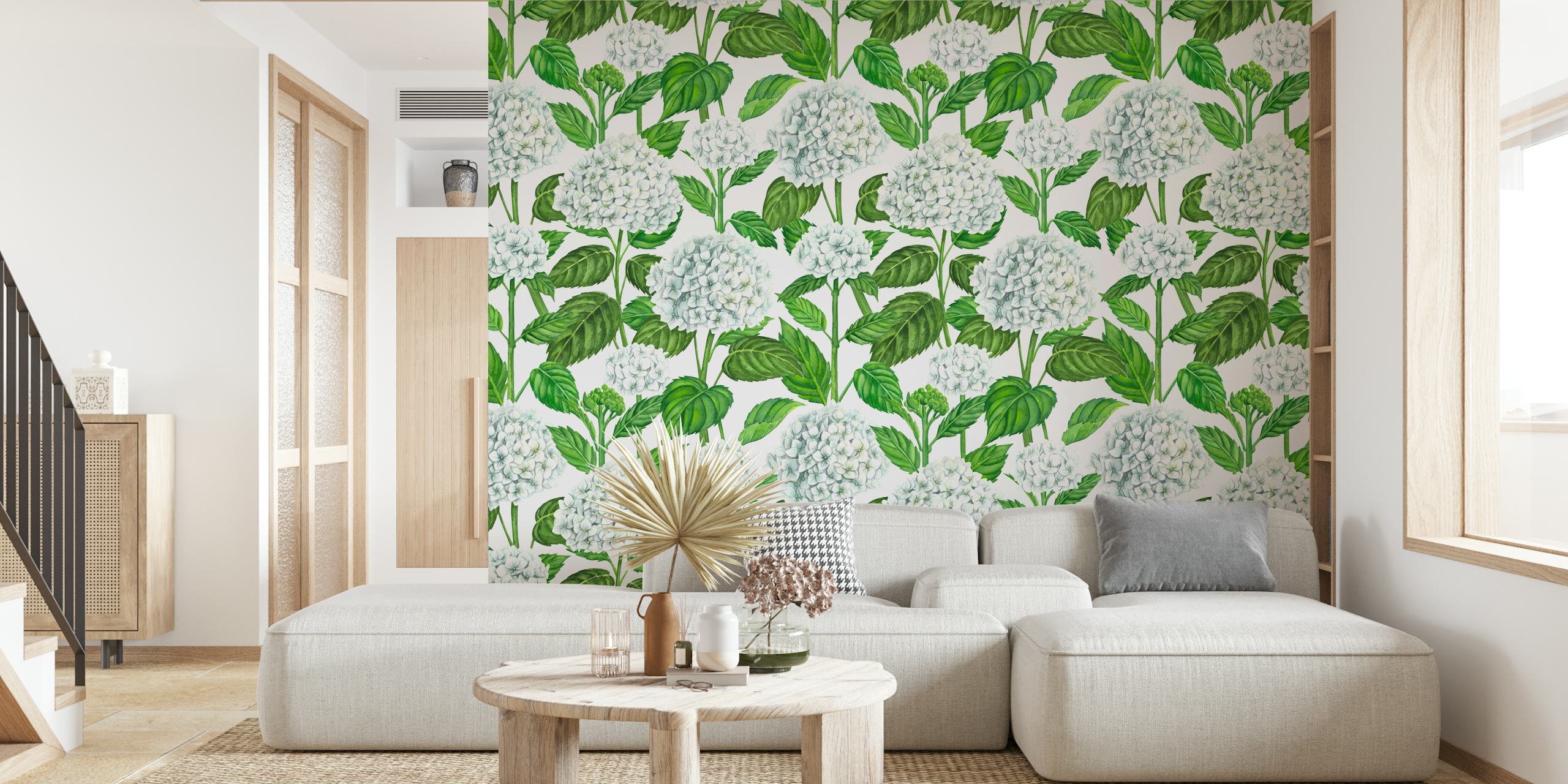 White hydrangea flowers surrounded by green leaves wallpaper