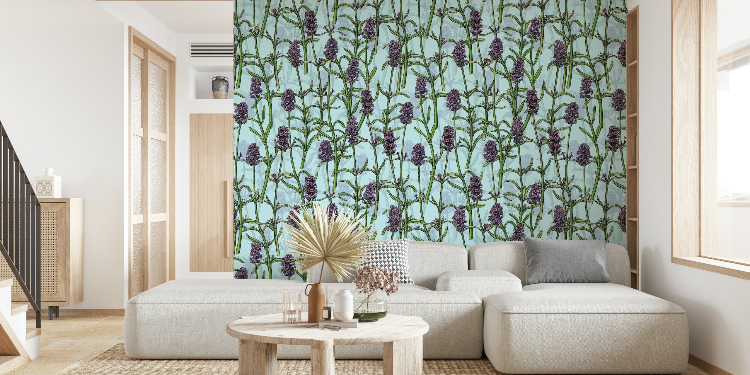 Fotomural de lavanda con flores violetas y tallos verdes sobre un fondo apagado