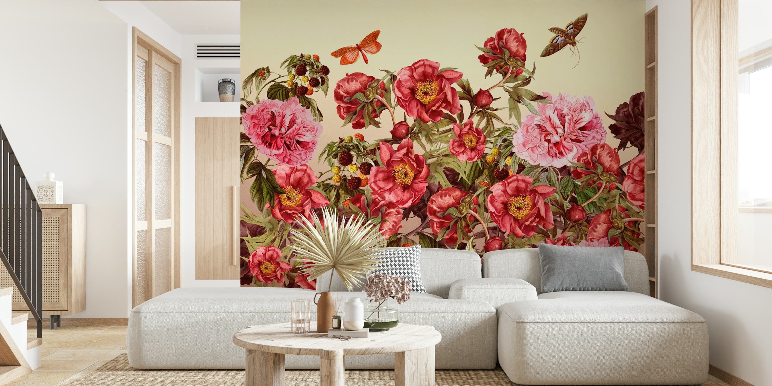 Pink and blush floral wallpaper with butterflies