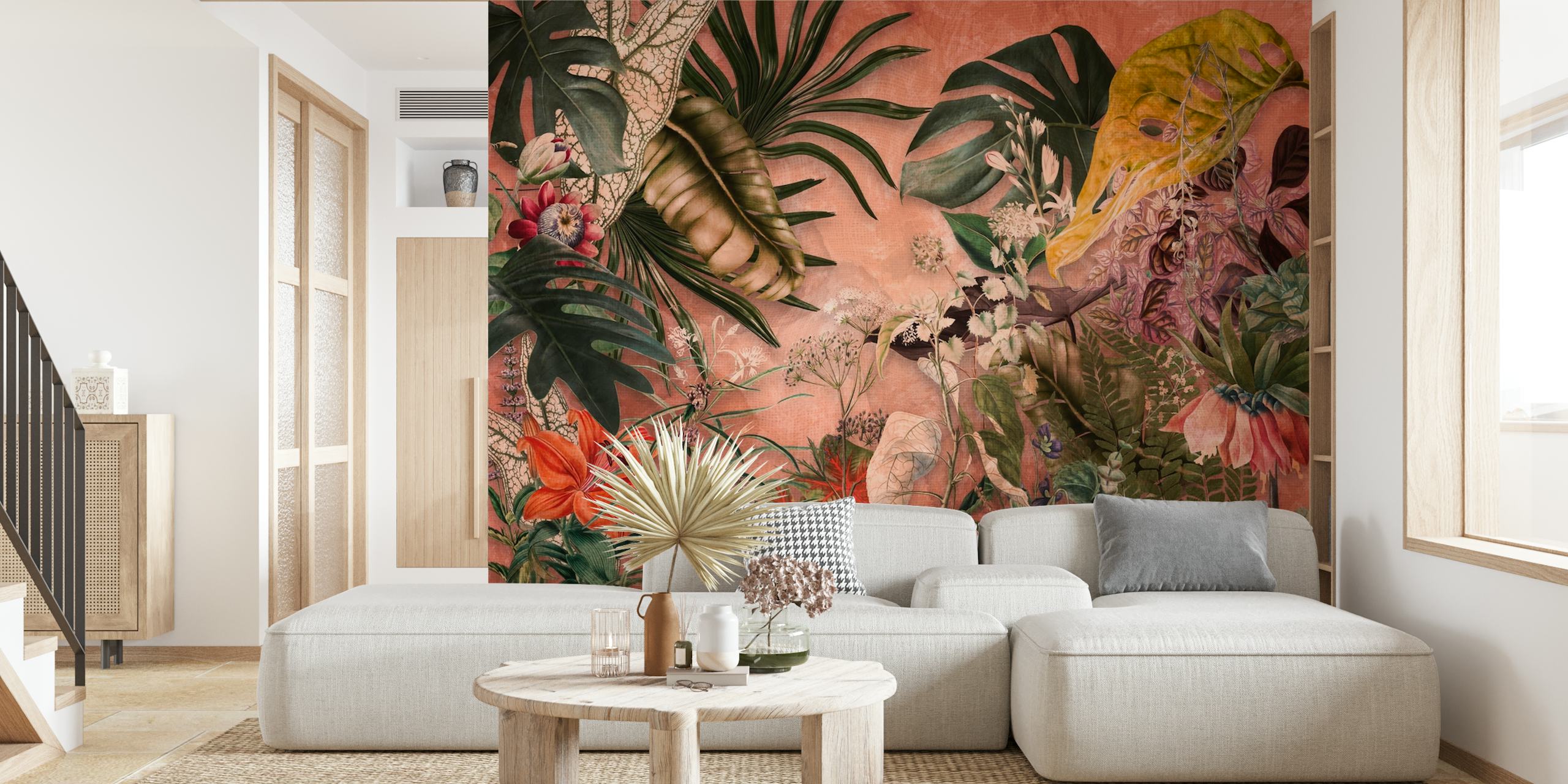Tropical jungle leaves and flowers in coral tones wallpaper