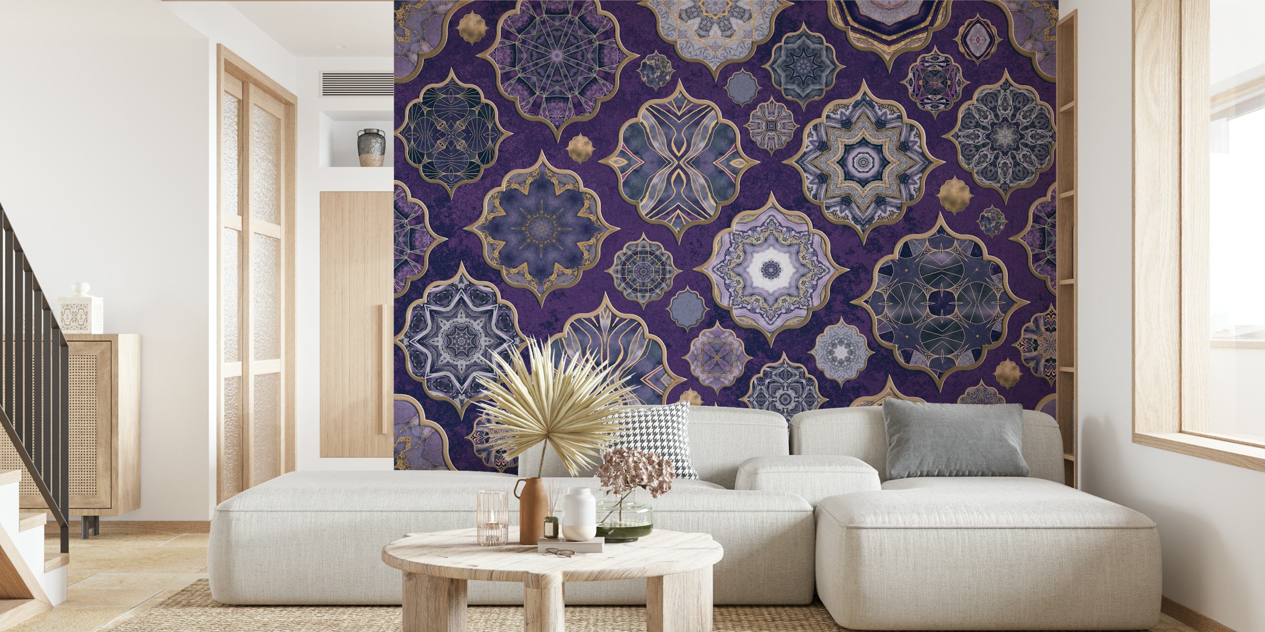 Moroccan tile patterns in purple and gold wallpaper