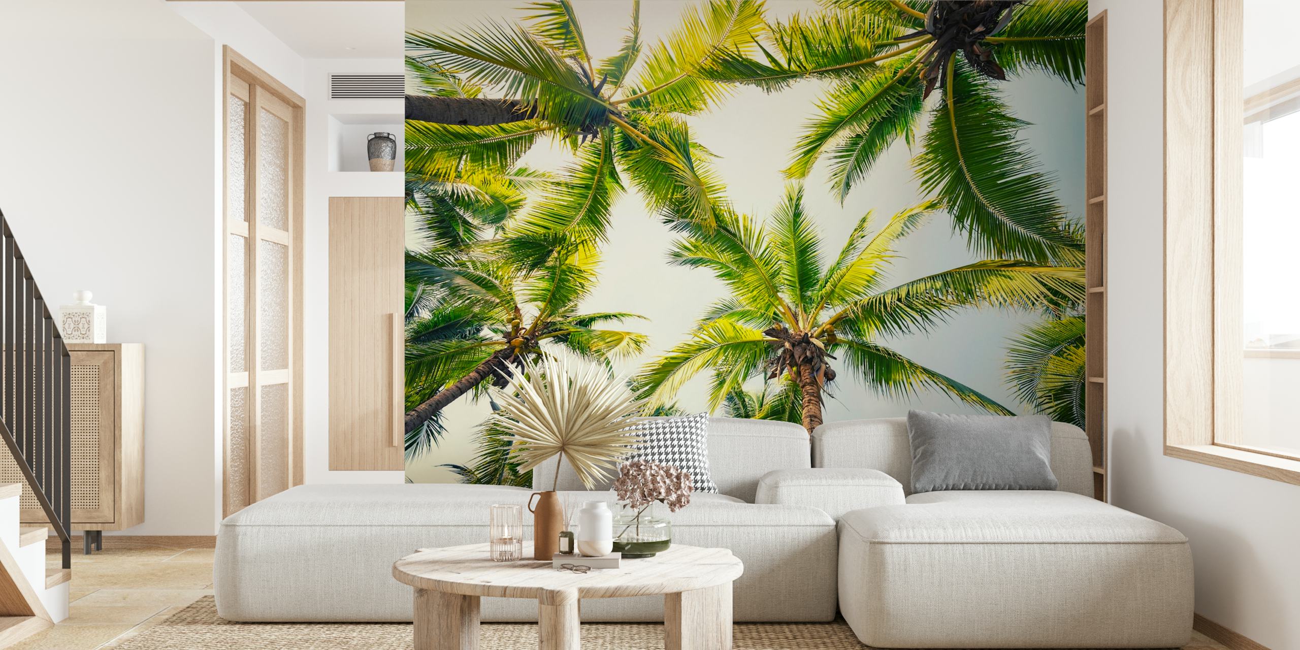 Palm tree canopy wall mural with a clear blue sky