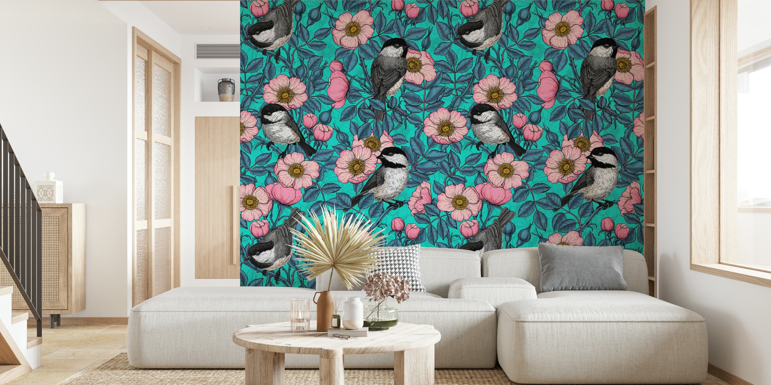 Chickadees and wild roses wallpaper in a room