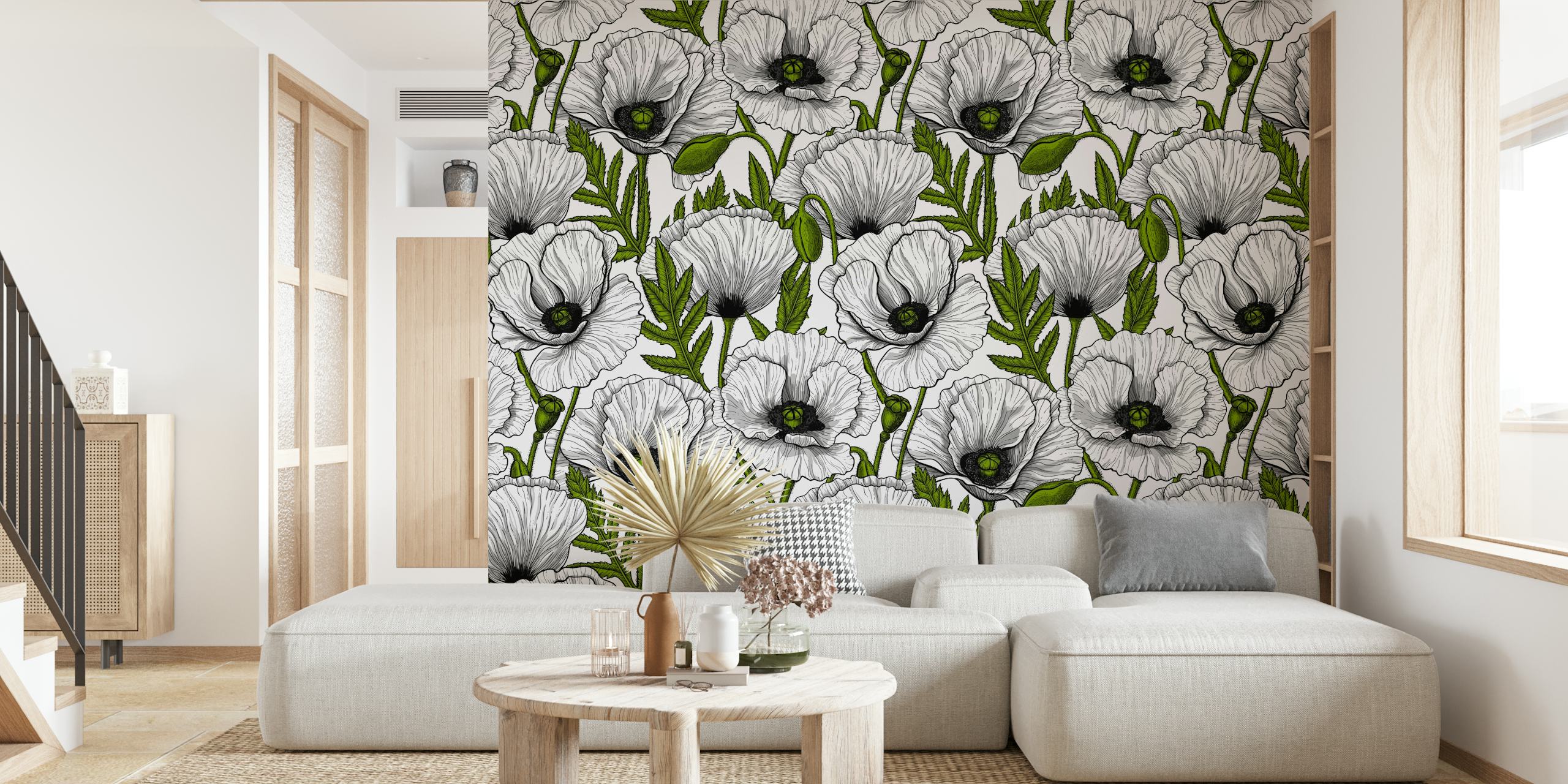 White poppy pattern on a black and white background wallpaper
