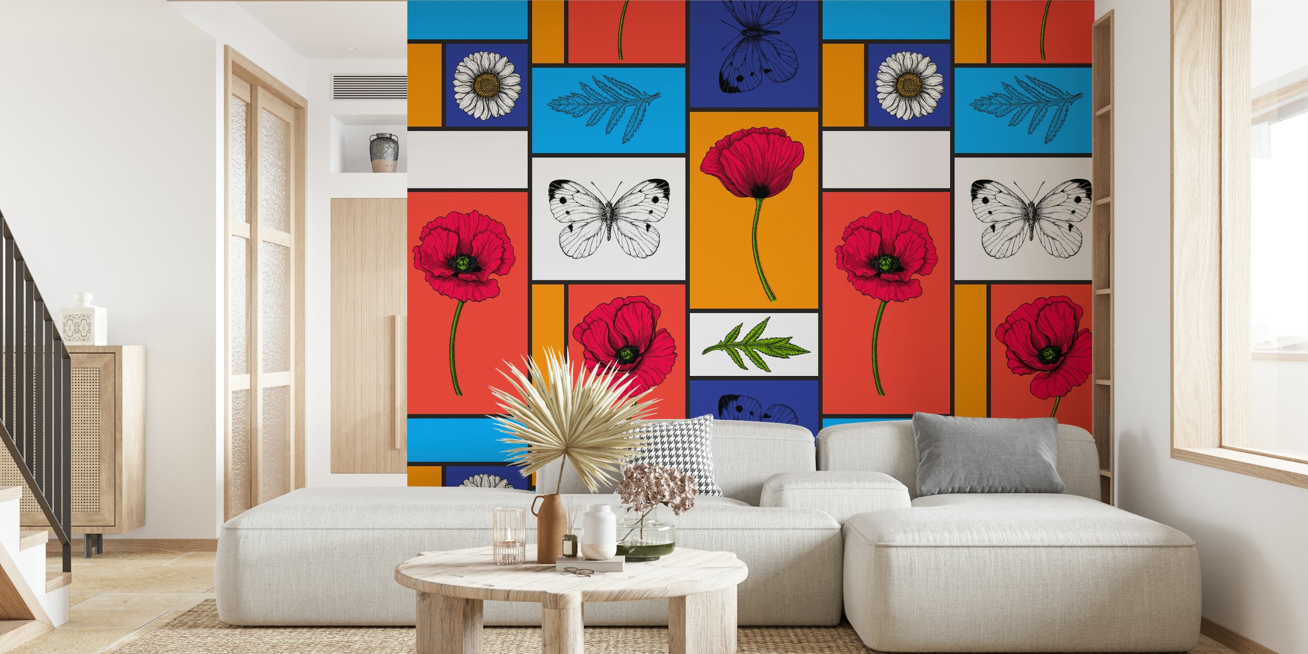 Wallpaper featuring poppies in colorful boxes