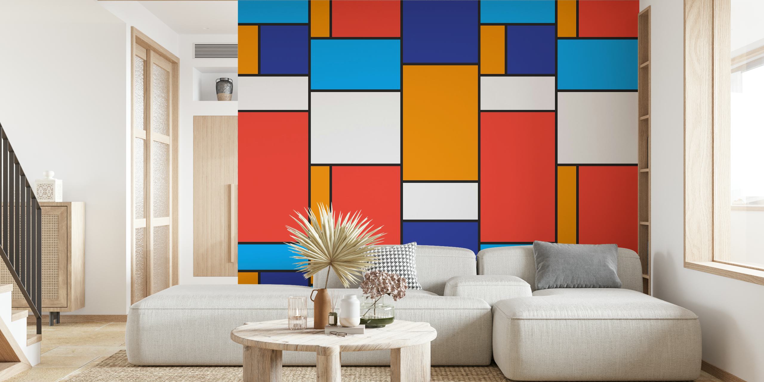 Colorful geometric blocks in orange, blue, and white wallpaper