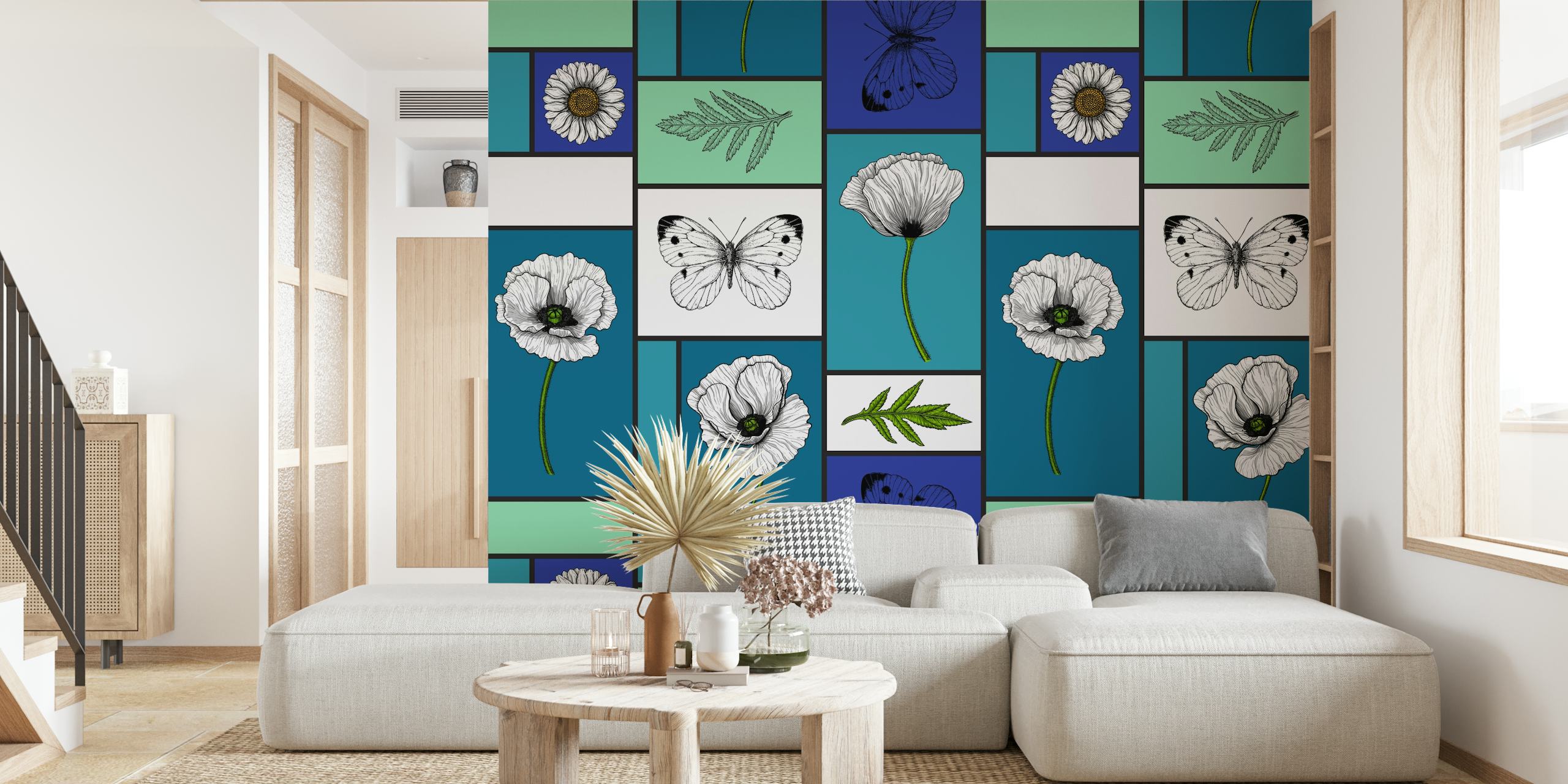 Colorful wall mural of poppies, daisies, and butterflies in a geometric pattern
