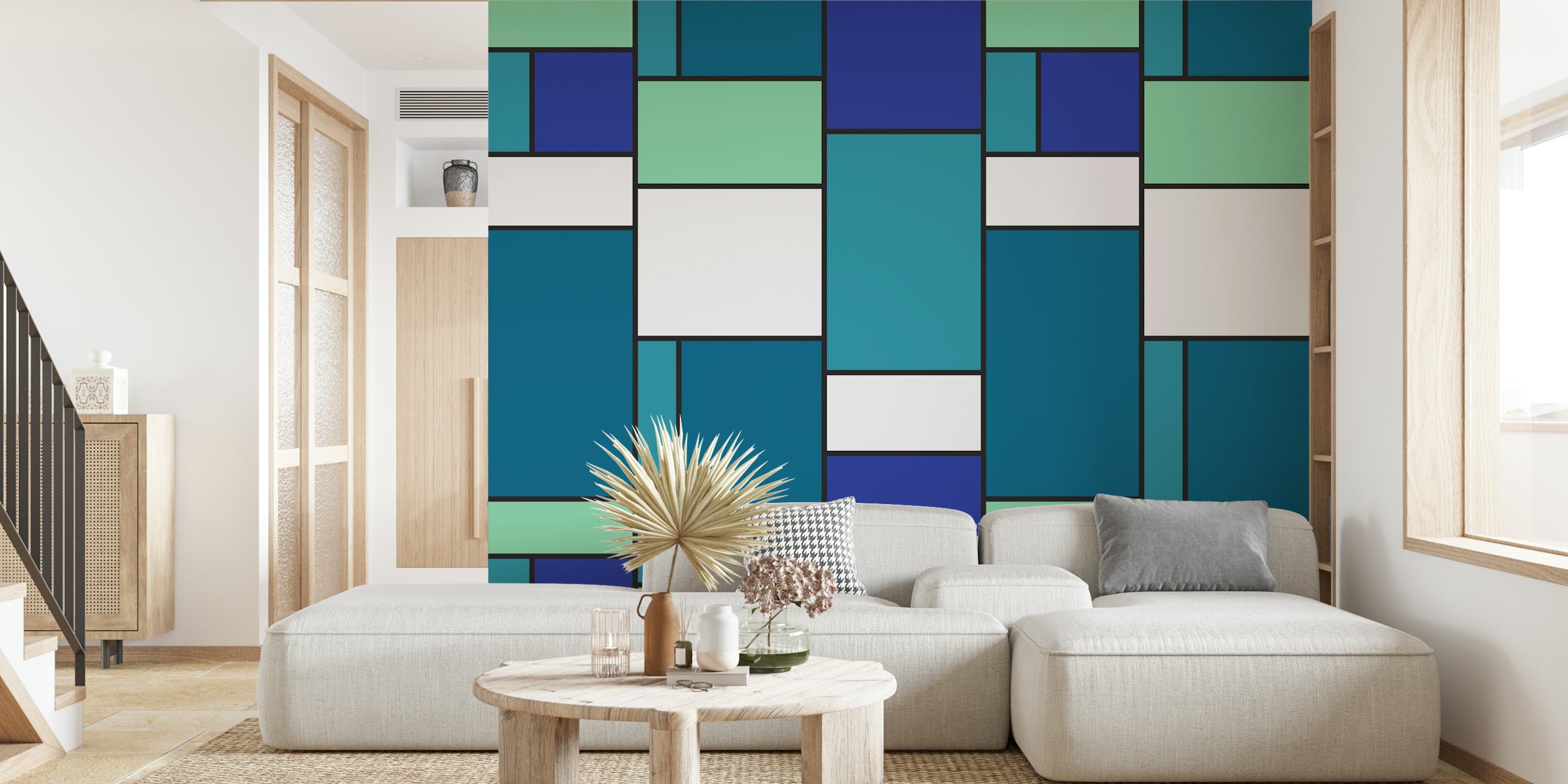 Geometric blocks in shades of blue and green wallpaper