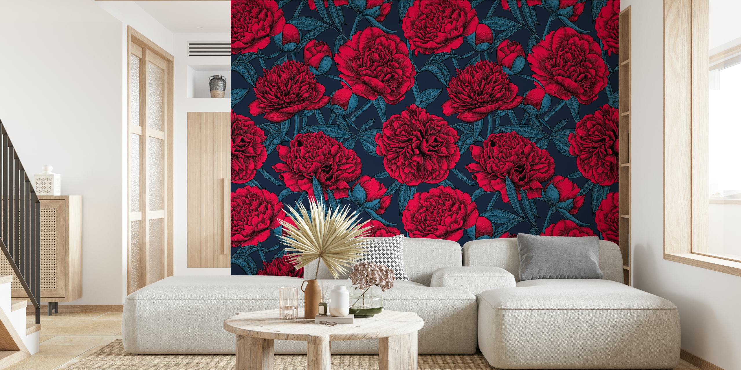 Red peony wallpaper design in a room