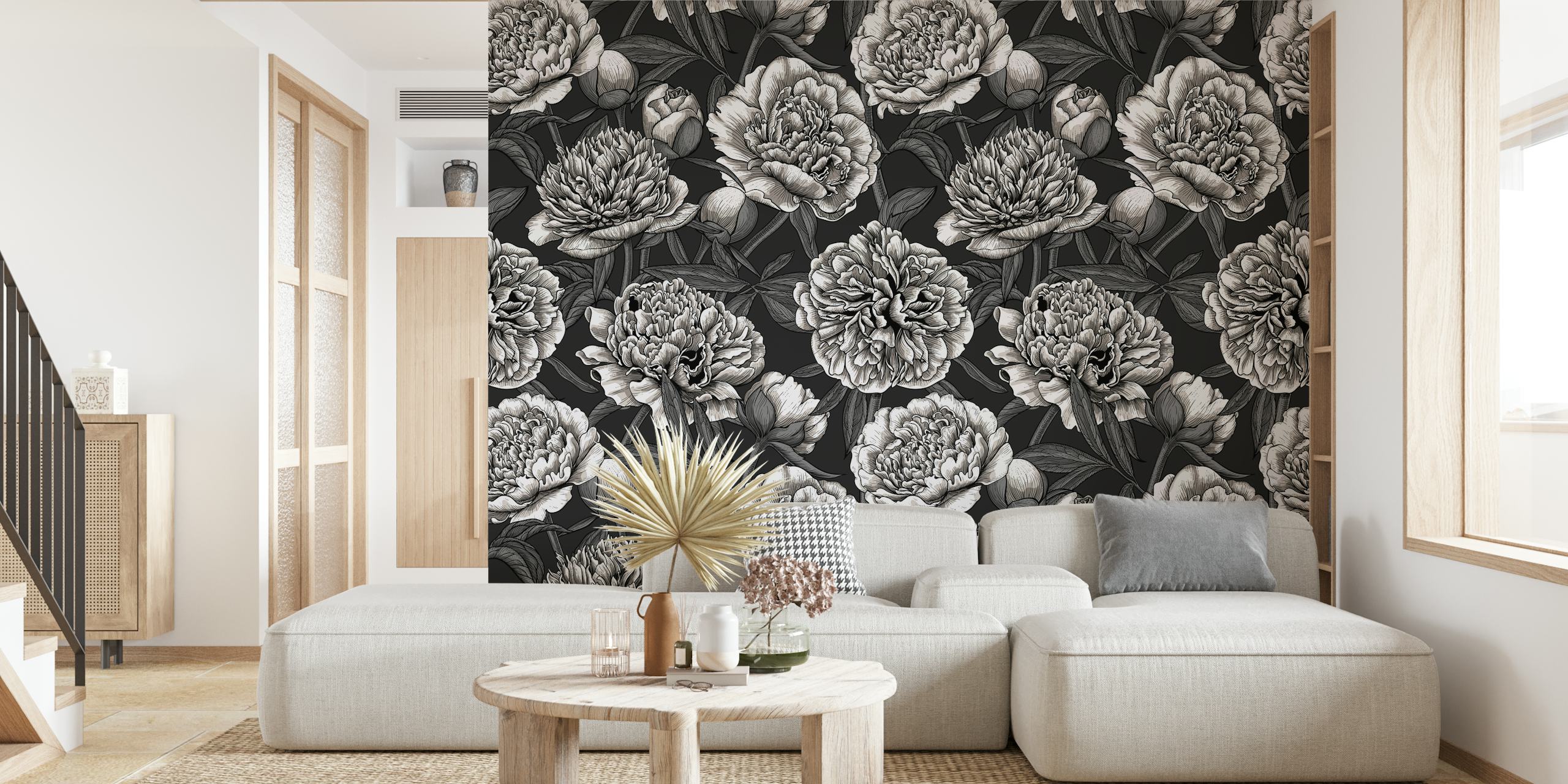 A grayscale wall mural depicting a lush garden of blooming white peonies.