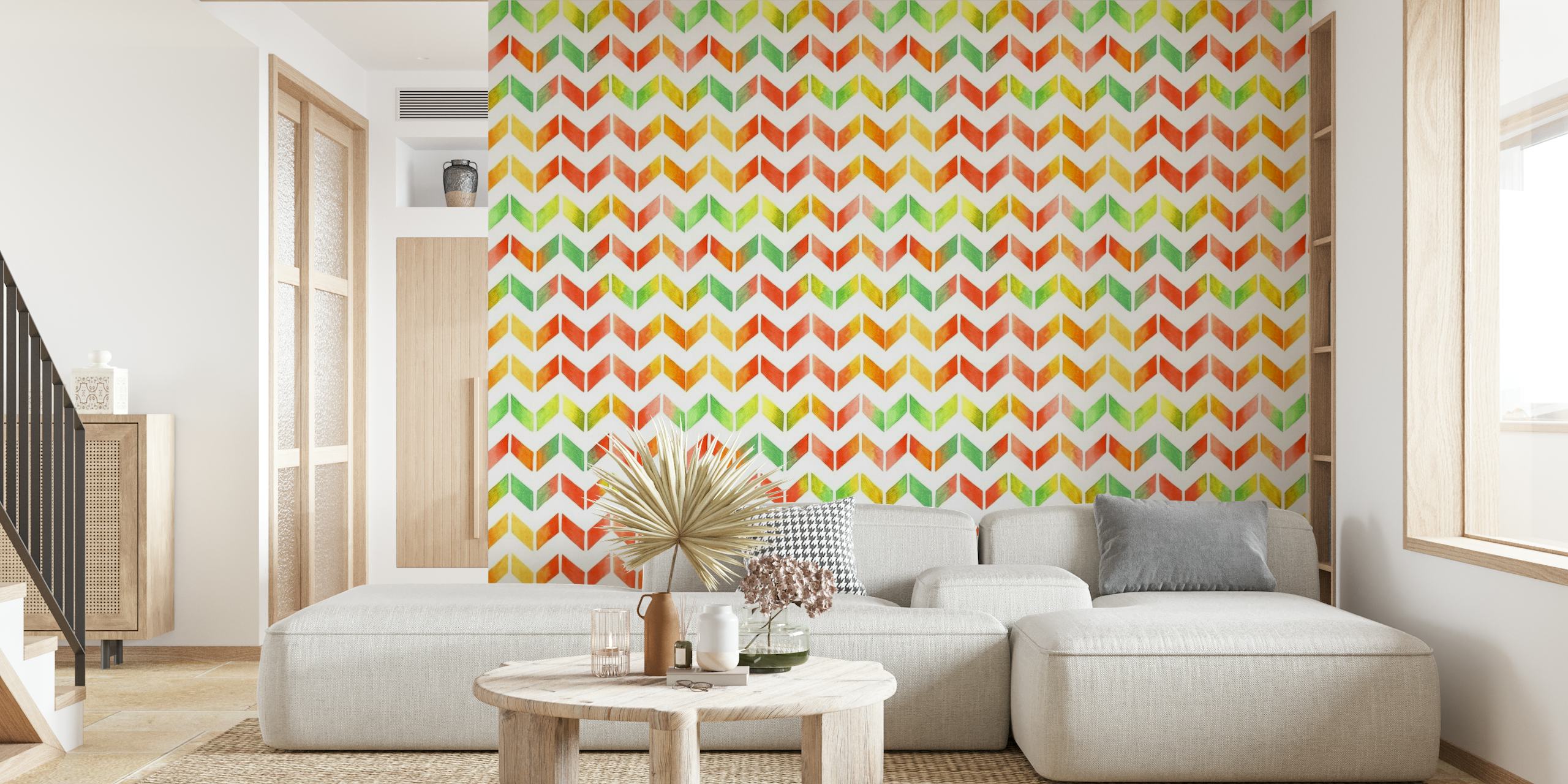 Fotomural de pared con estampado de zigzag moderno de acuarela colorida para decoración del hogar.