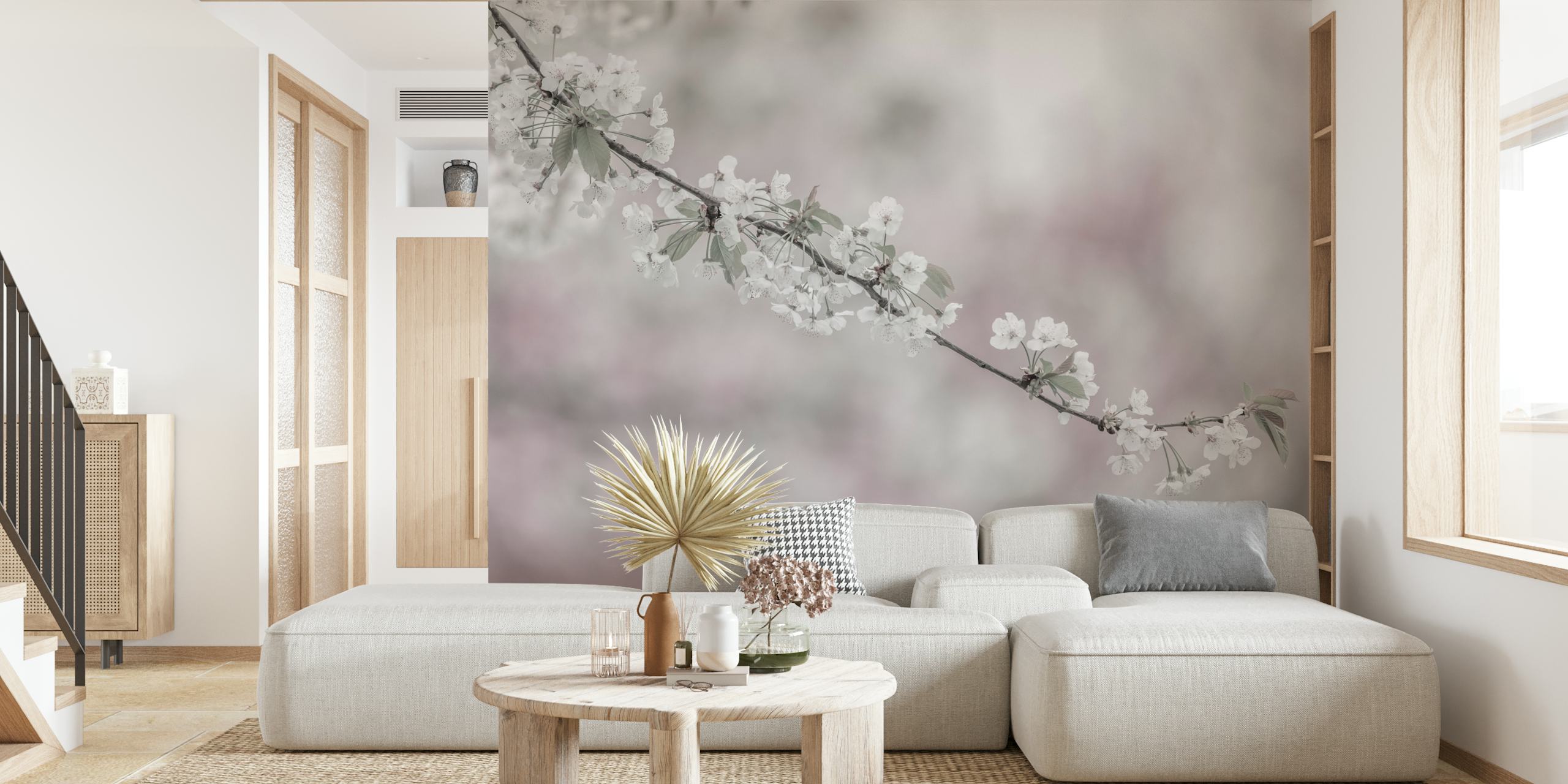 Cherry blossom branch with white flowers and soft background wallpaper