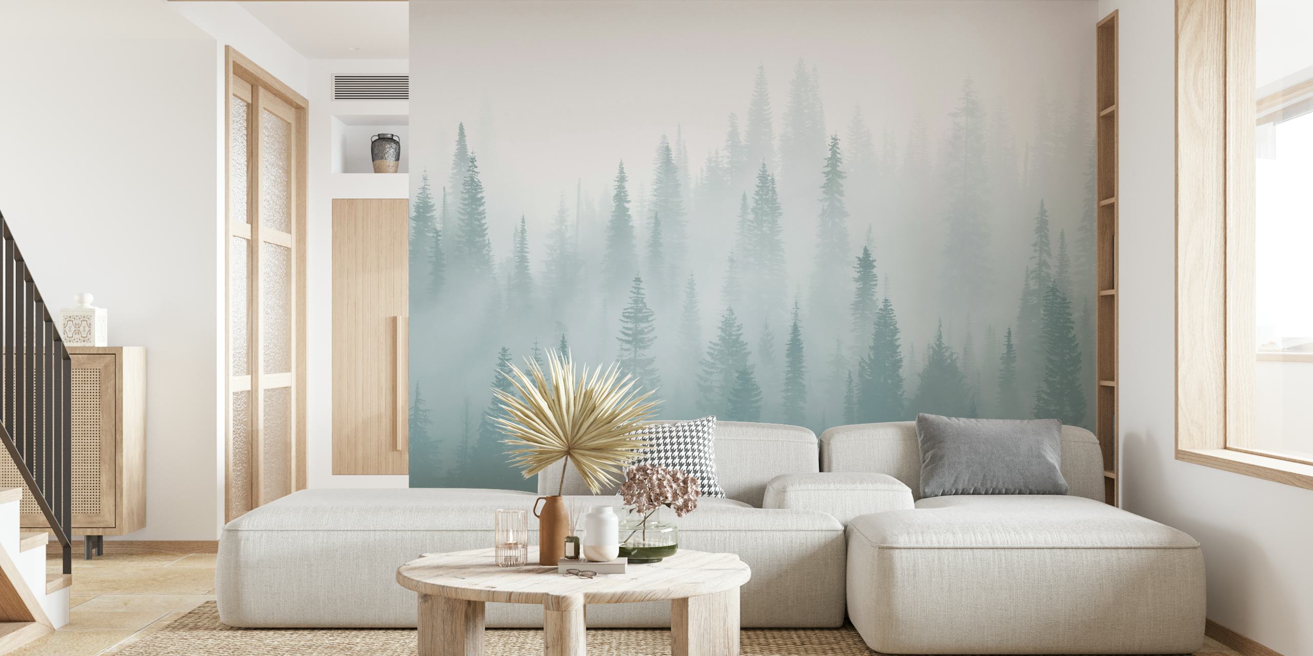 Moody monochrome wall mural with misty forest design