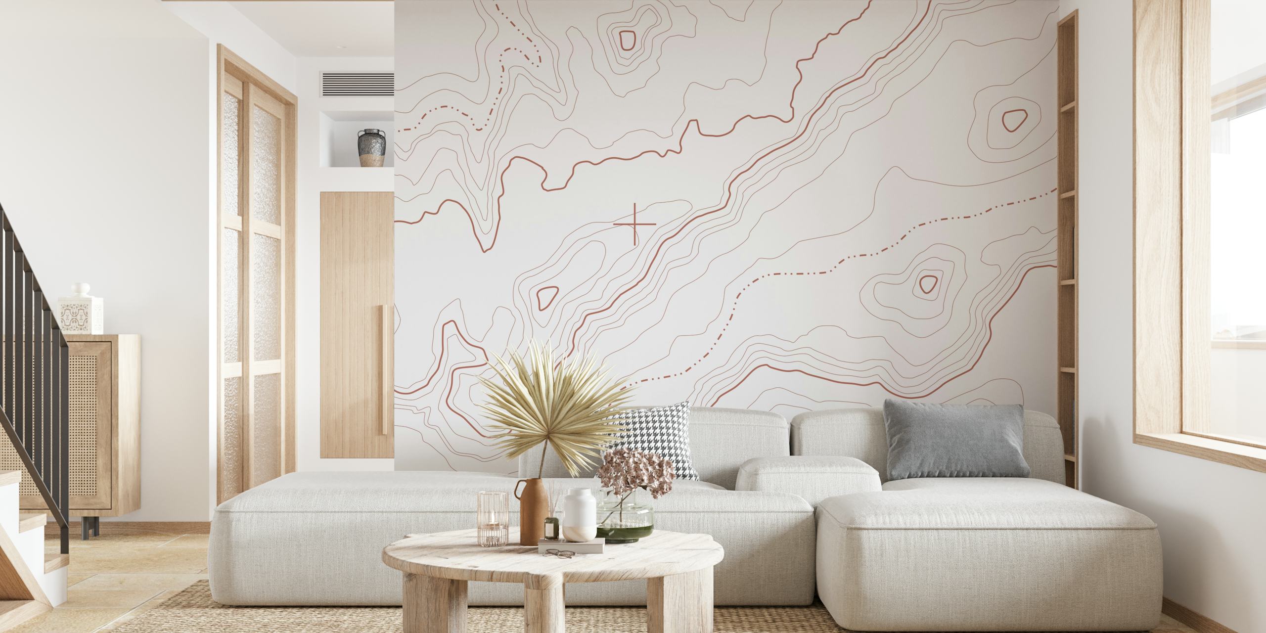 Red topographical map wallpaper in a room