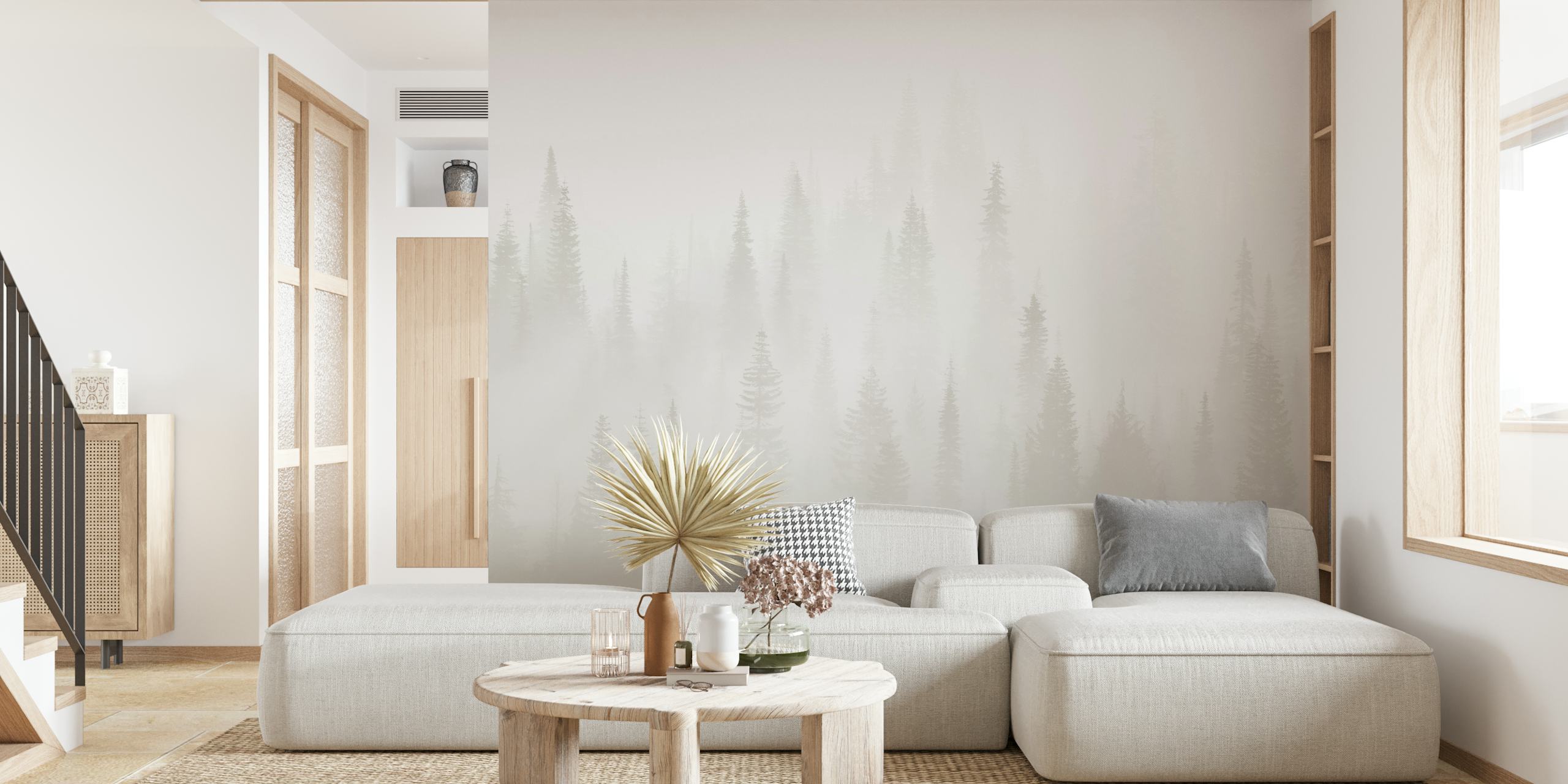 Misty Forest Soft Grey zidna slika koja prikazuje mirnu, maglovitu šumsku scenu.