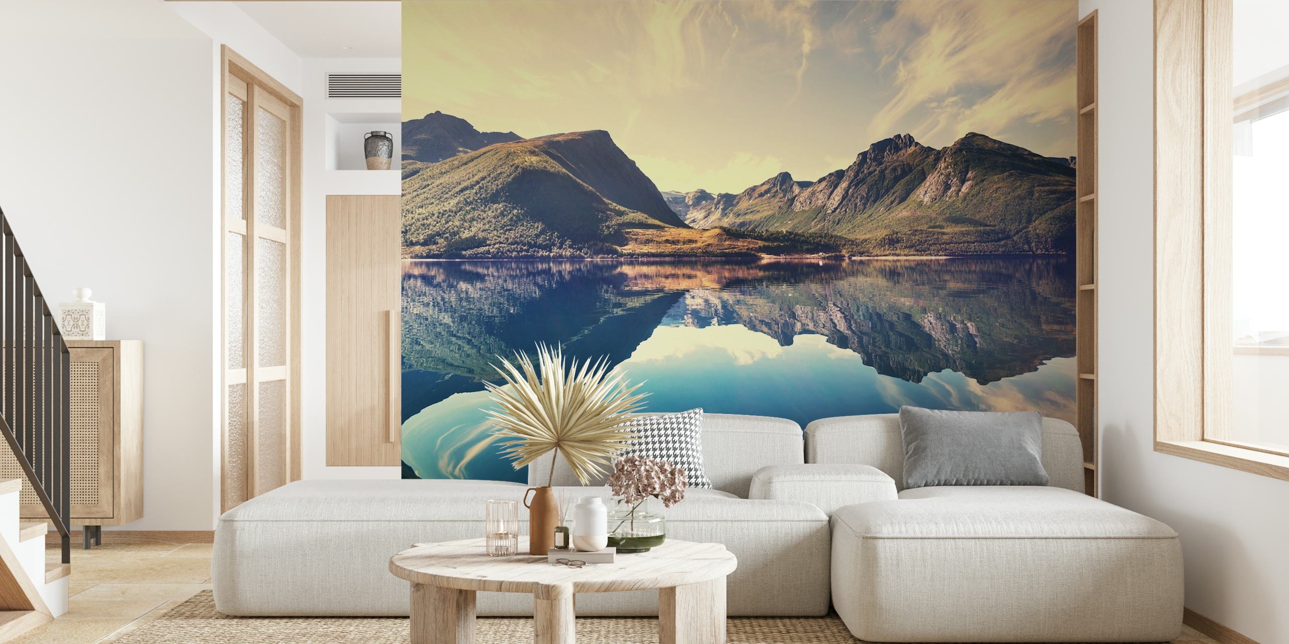 Mountain landscape reflecting in calm waters at sunset wallpaper
