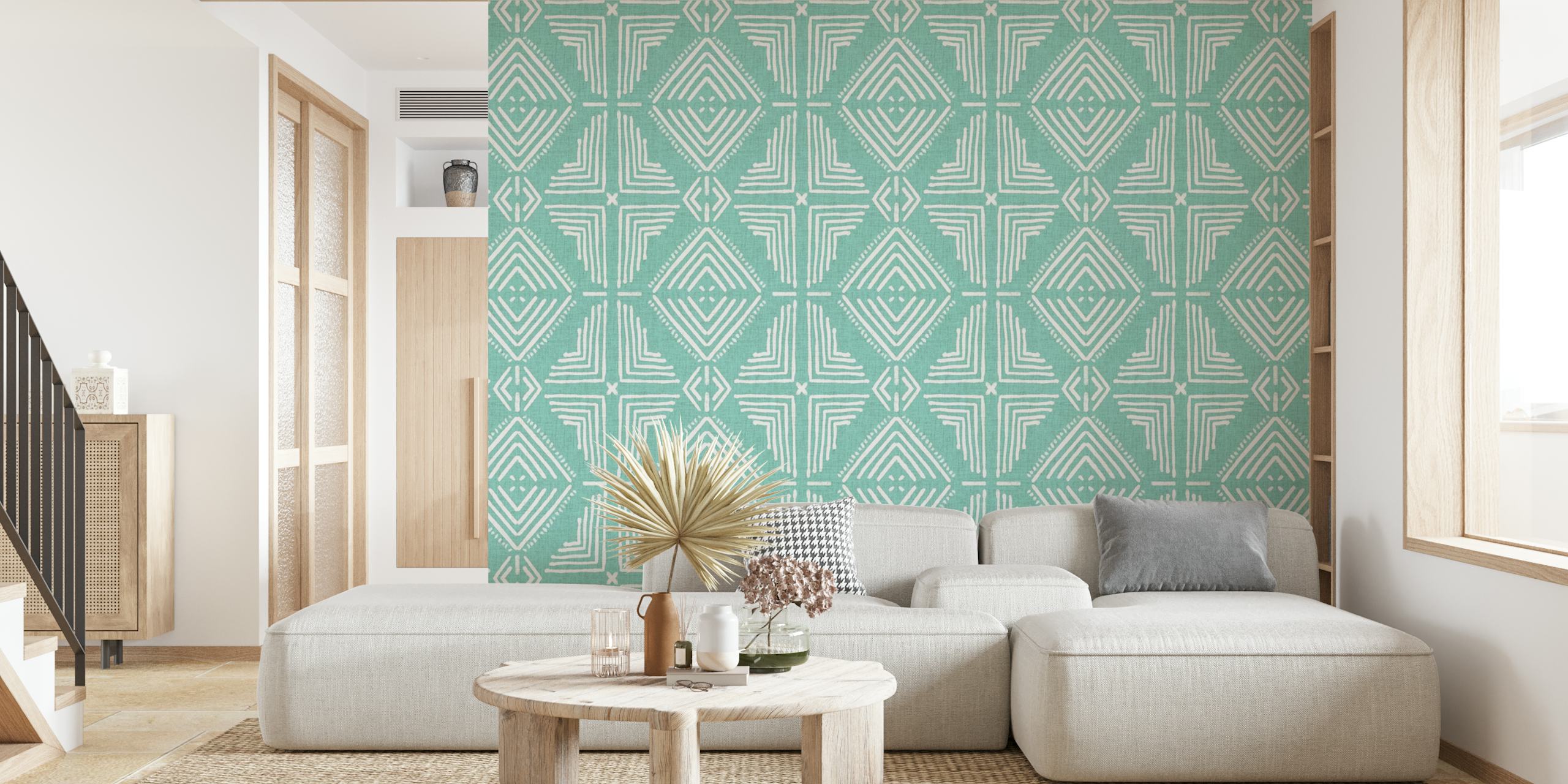 Design de papel de parede Nora Tile Mint em um quarto