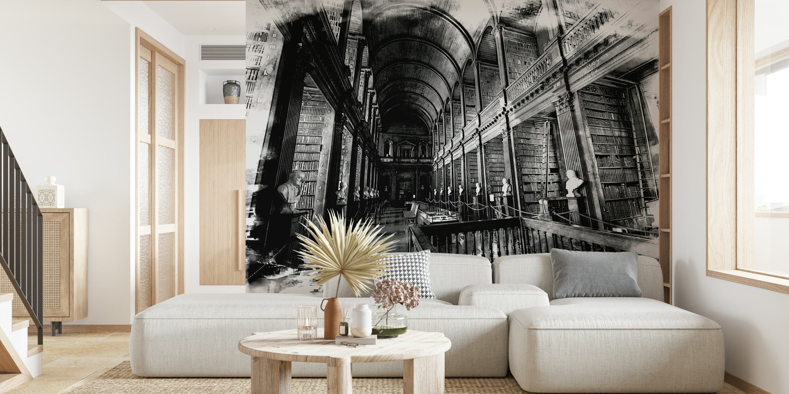 Black and white library interior with shelves and sculptures wallpaper