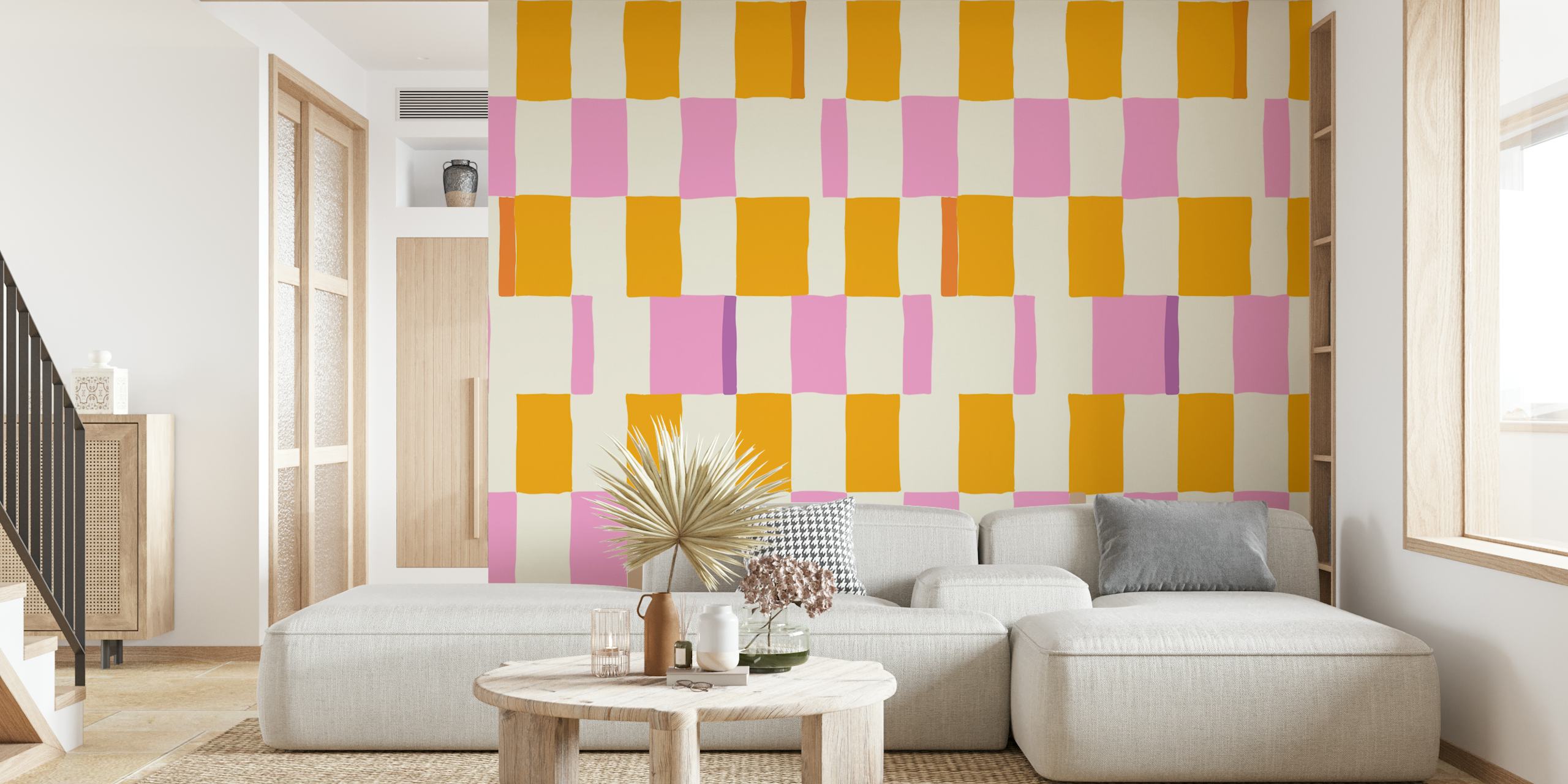 Décoration murale à carreaux orange et rose dessinés à la main