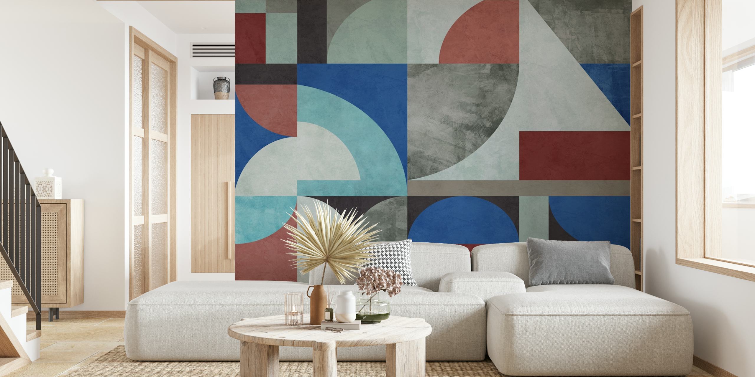 Colorful abstract geometric design with blue, red, and gray wallpaper
