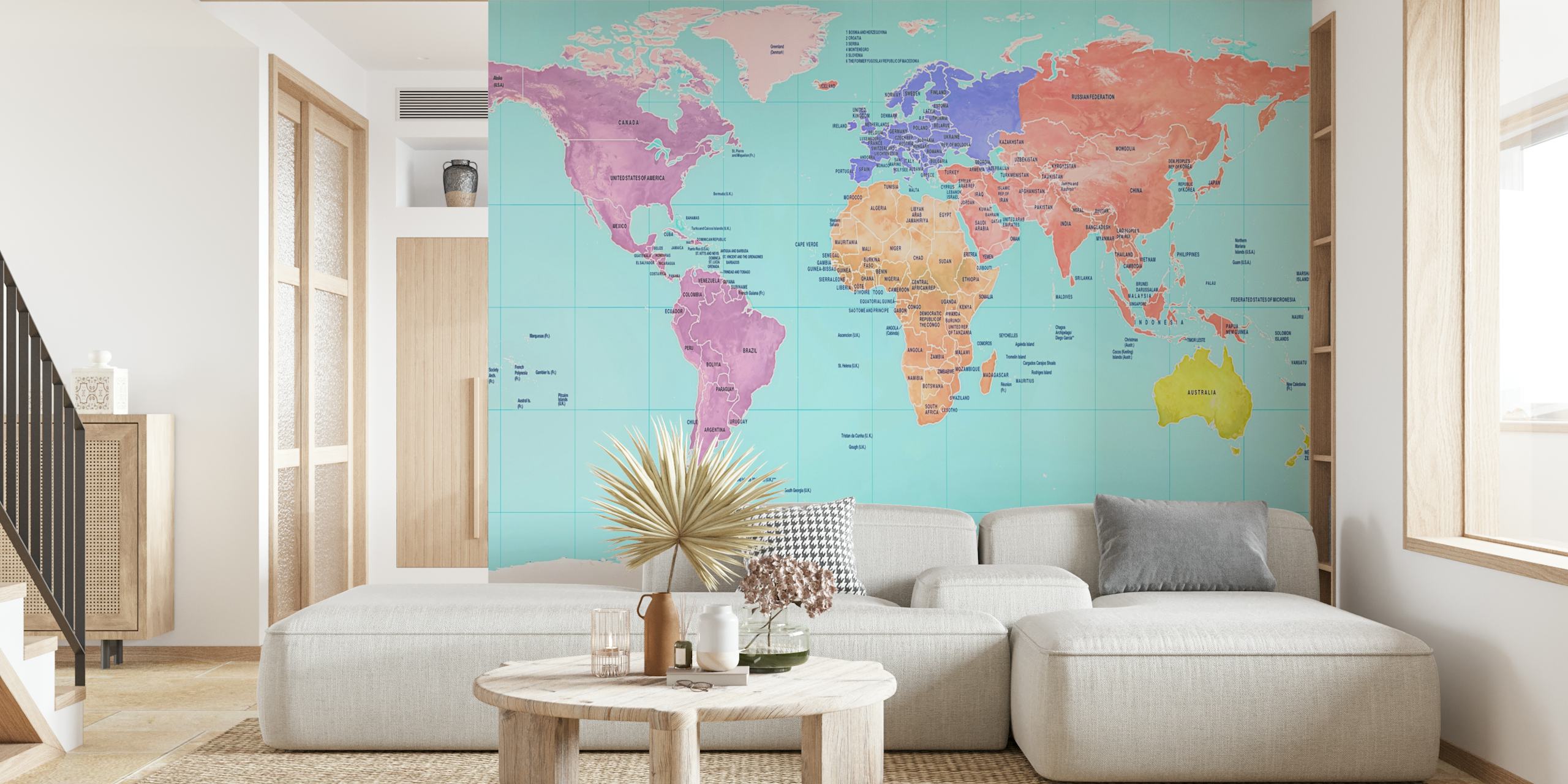 Colorful world map wallpaper with vibrant continents and oceans