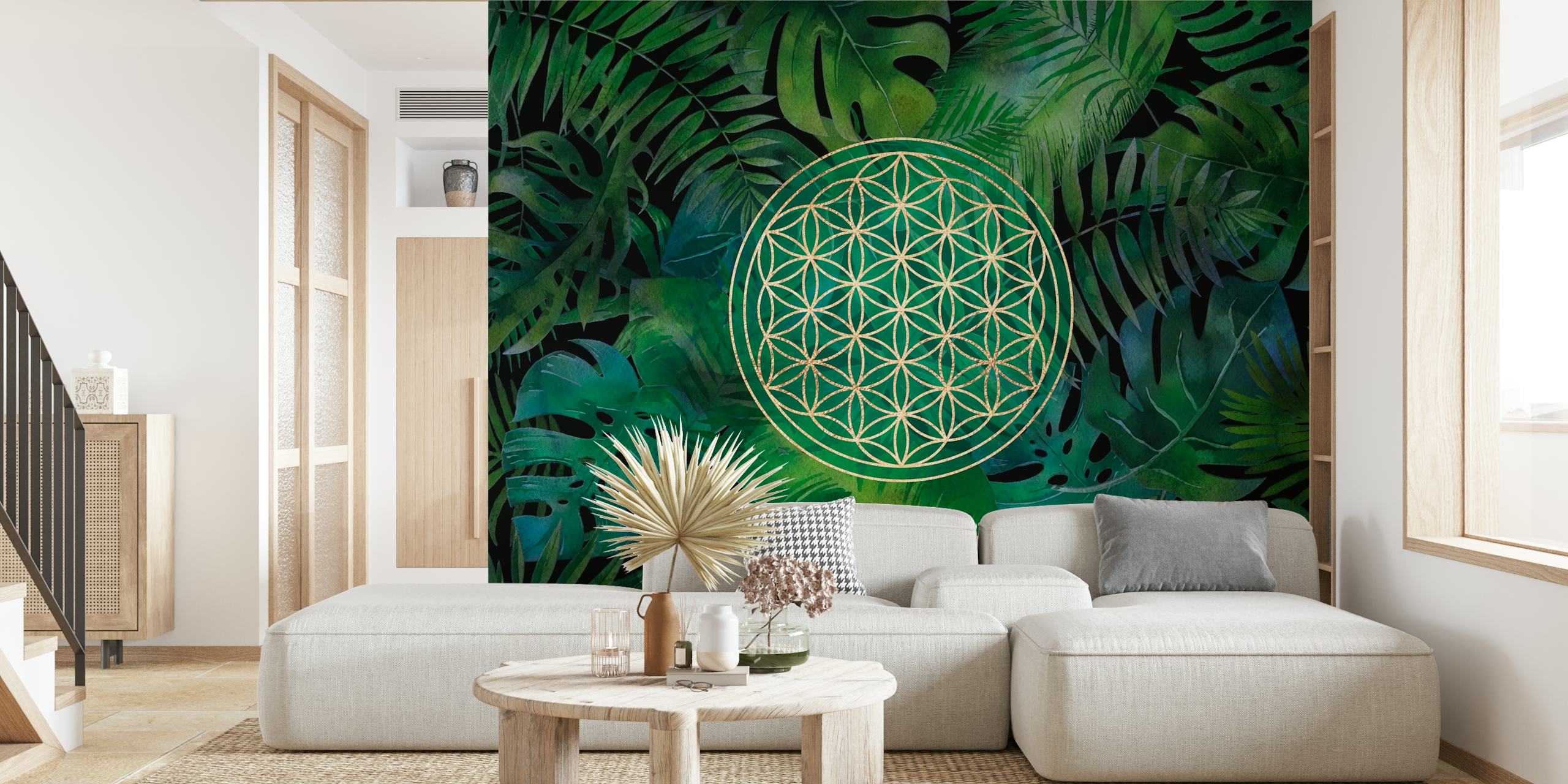 Tropical leaves with gold Flower of Life pattern wallpaper
