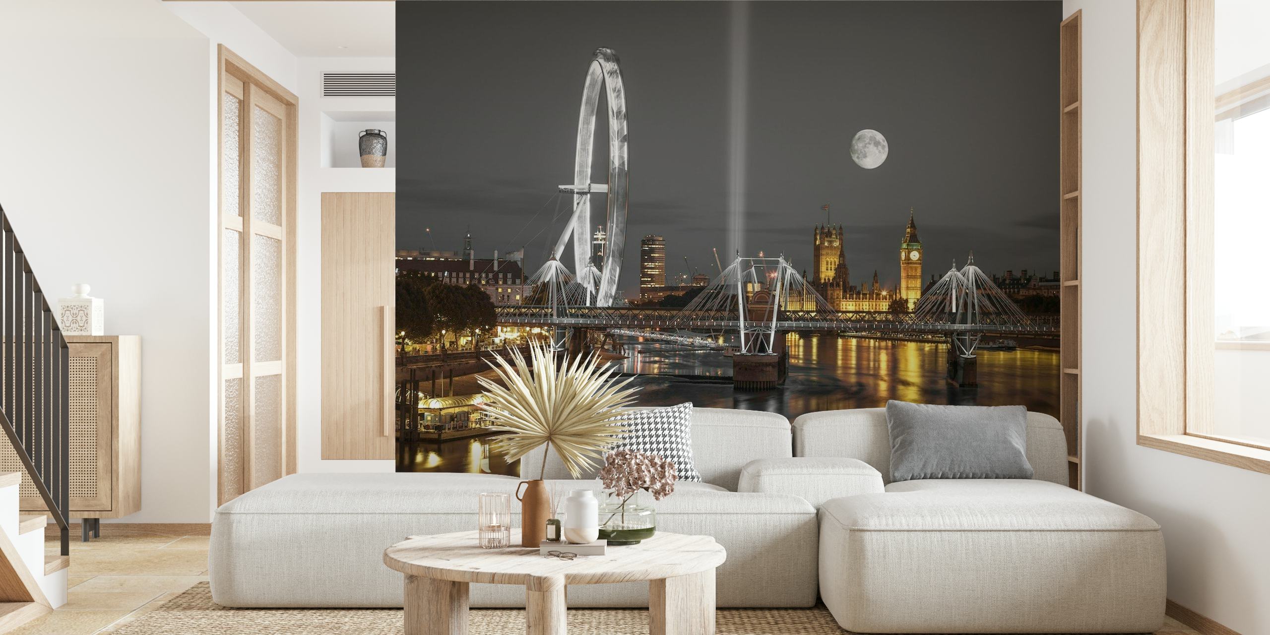 British landmarks wall mural with London Eye and Palace of Westminster under a moonlit sky