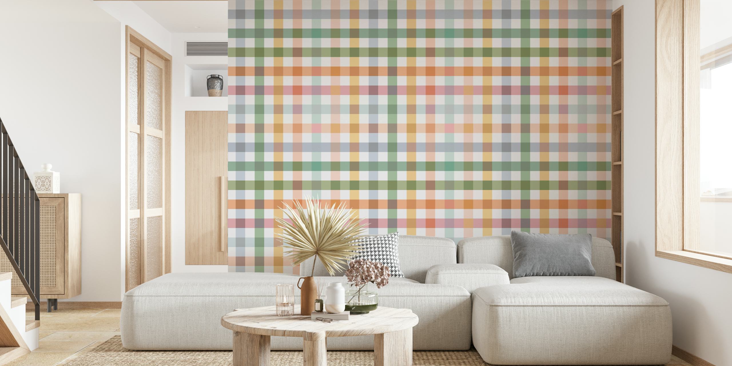 Colorful checkered pattern in green, orange, pink, and white wallpaper