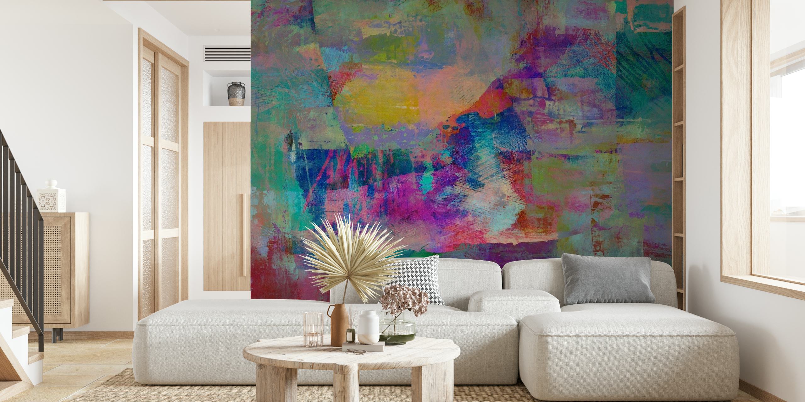 Rustic Abstract 7 In wall mural featuring a blend of turquoise, pink, and yellow textures