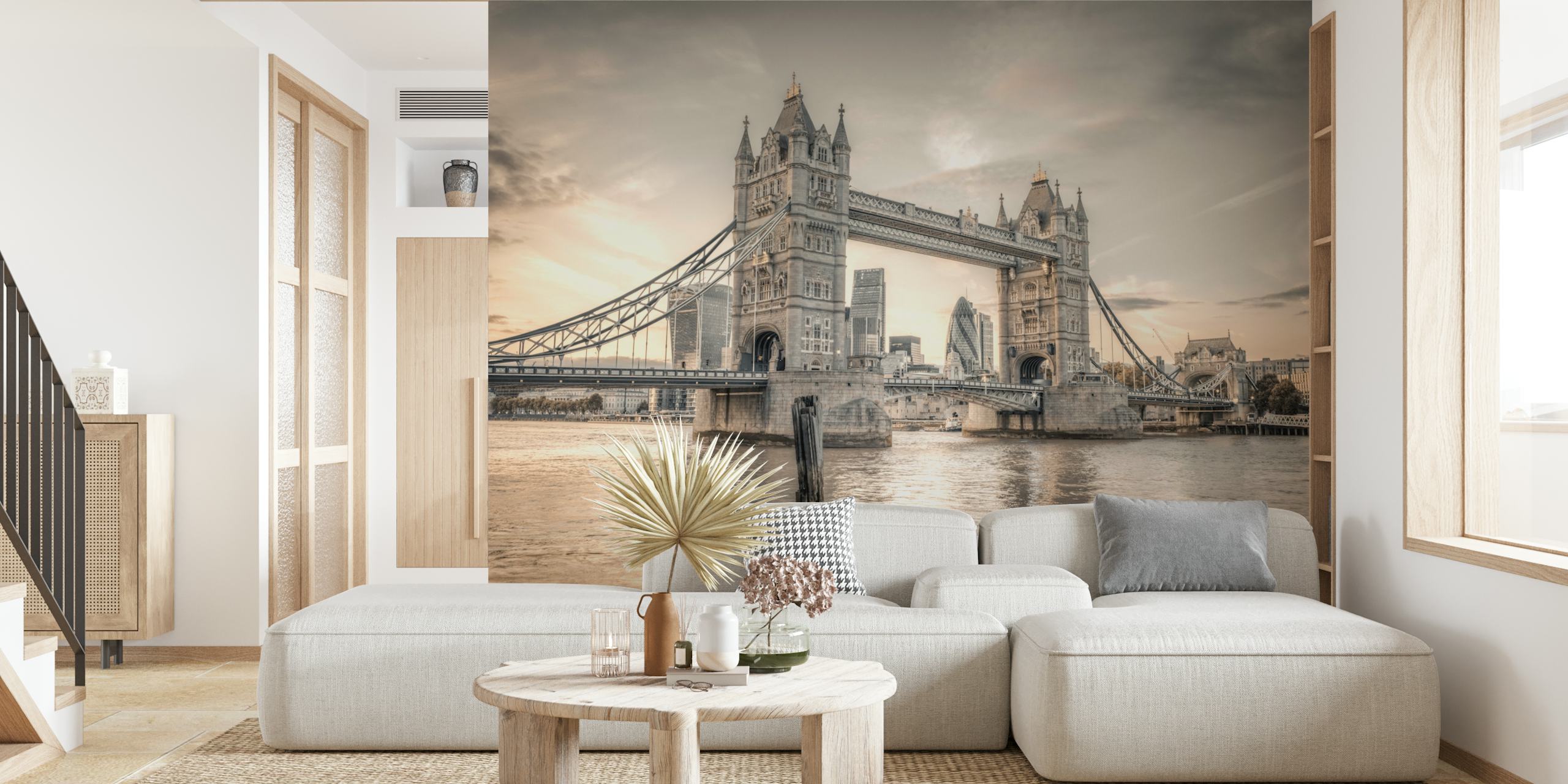 Τοιχογραφία Tower Bridge που απεικονίζει το διάσημο ορόσημο του Λονδίνου σε vintage τόνο