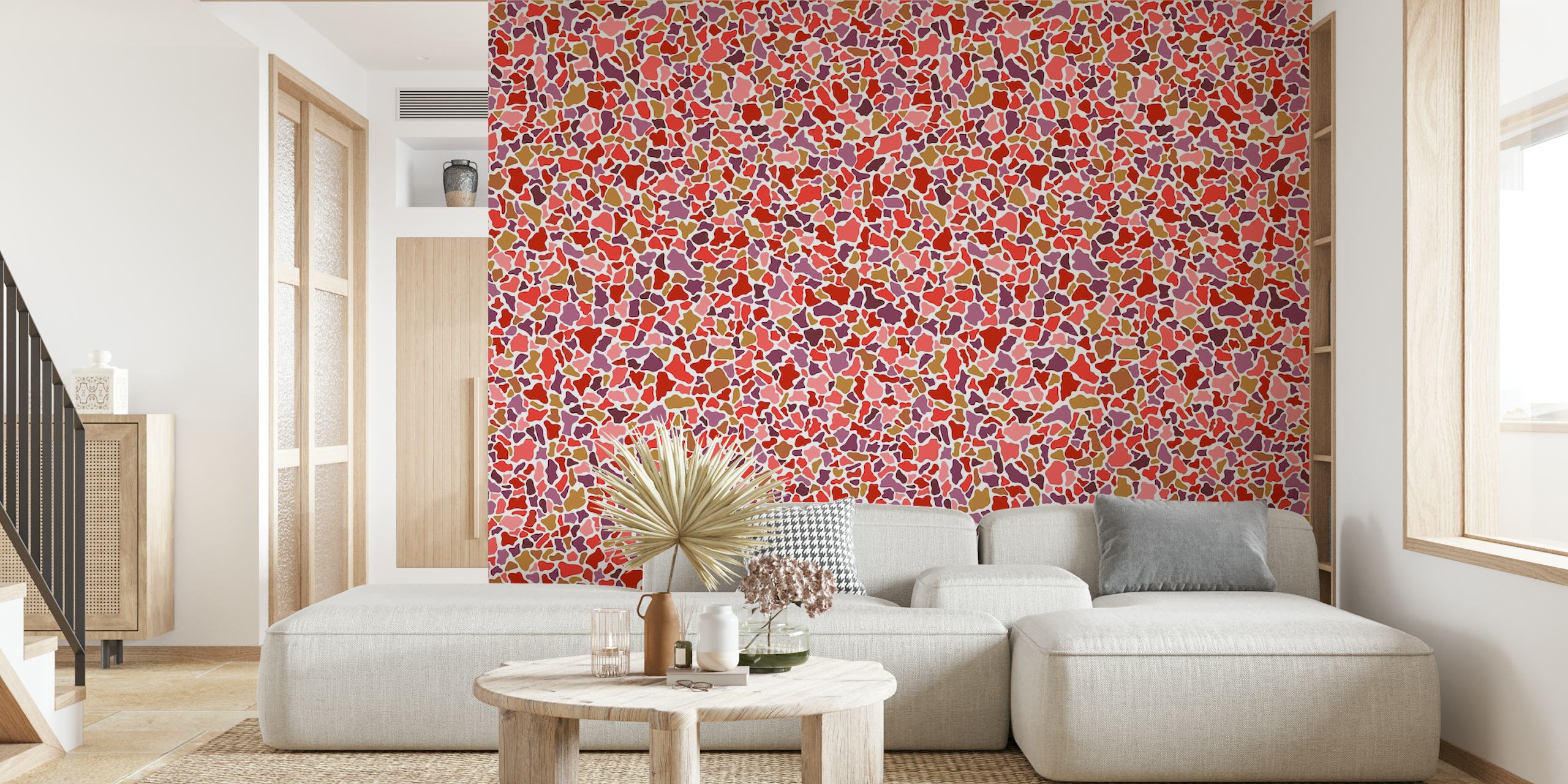 Colorful mosaic pattern in shades of pink, red, and gold wallpaper