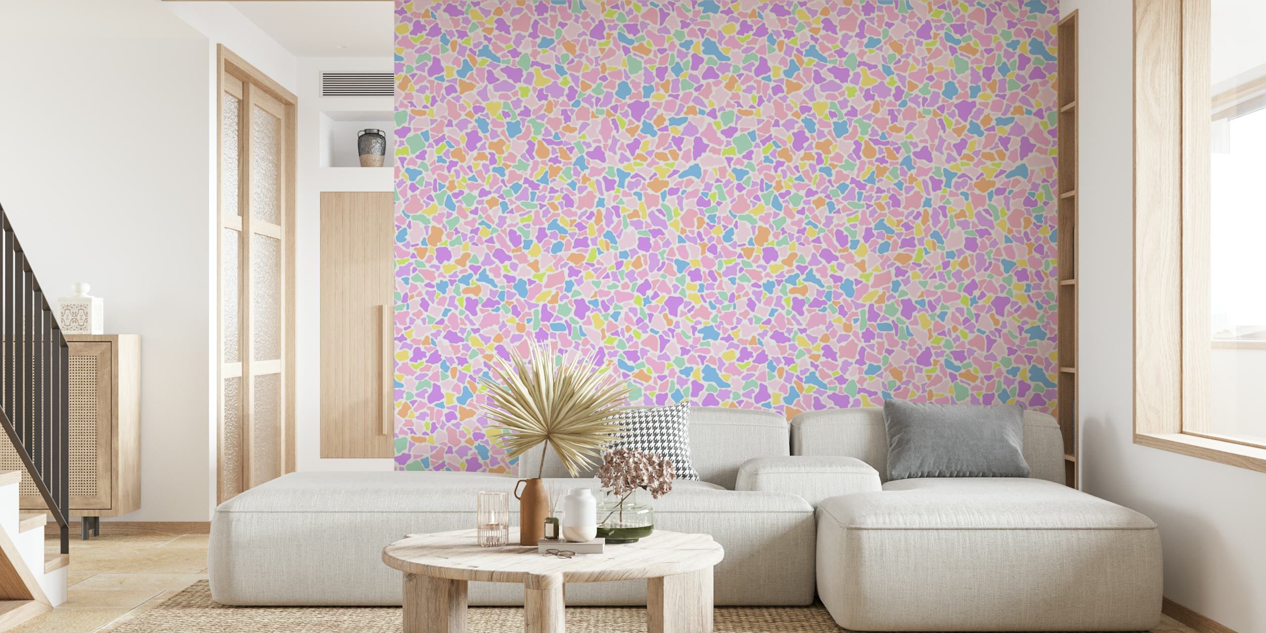 Mural de pared con patrón de mosaico colorido en tonos pastel